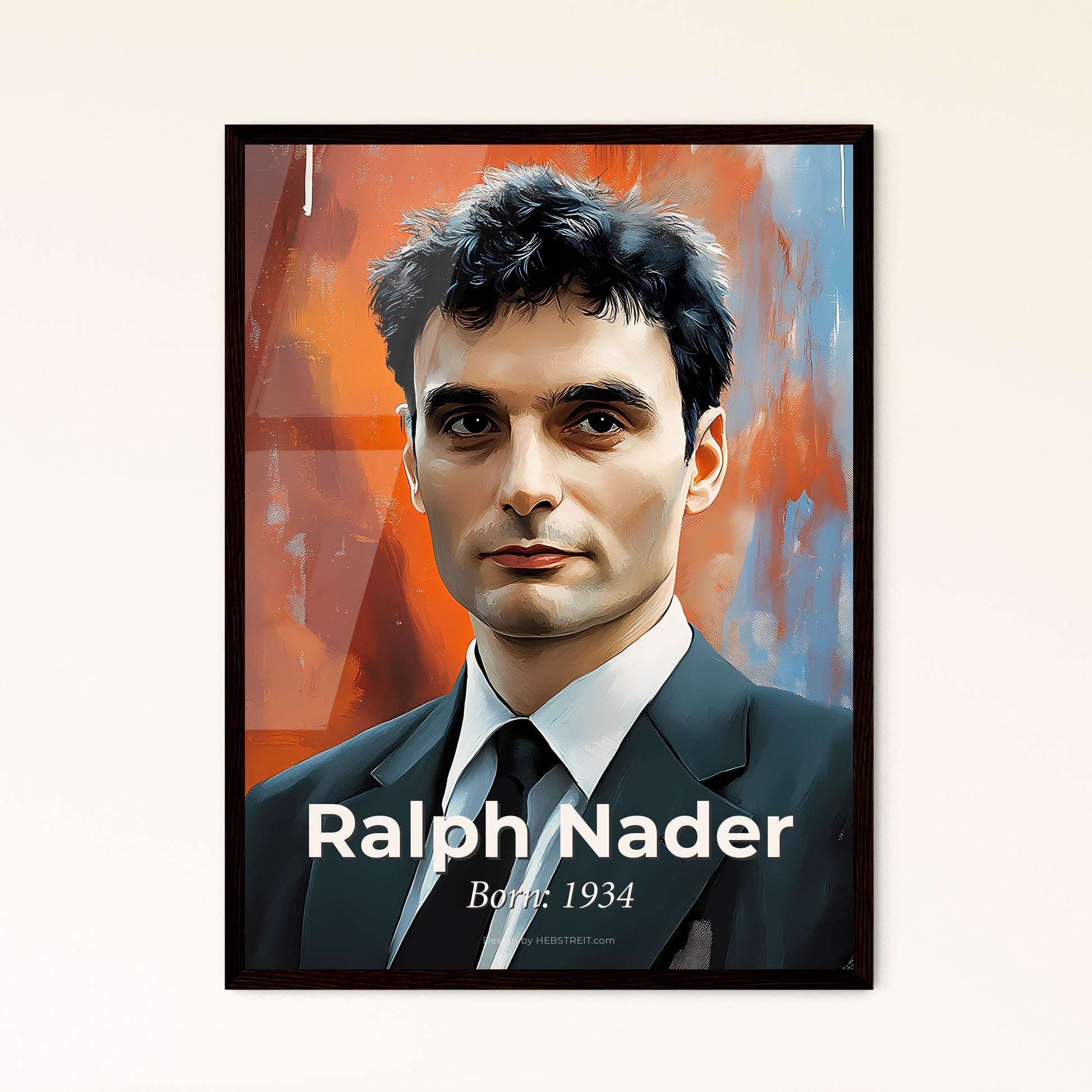 Portrait of Ralph Nader, Born: 1934. Impressionistic painting of a man in a suit and tie.