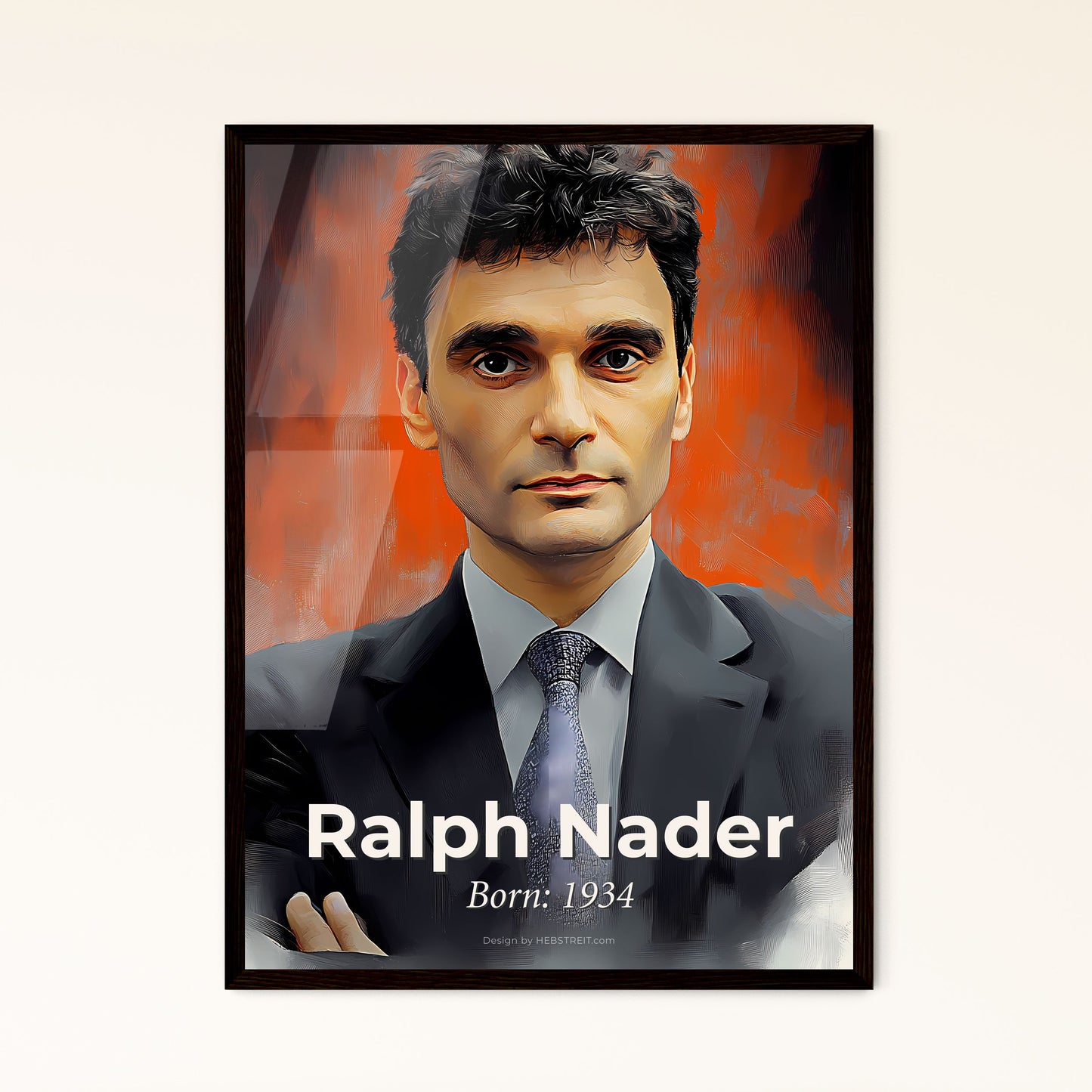 Portrait of Ralph Nader, Born: 1934. Impressionistic painting of a man in a suit.