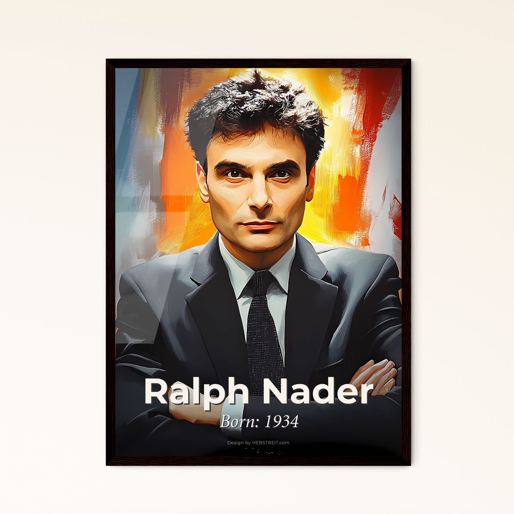 Portrait of Ralph Nader, Born: 1934. Impressionistic painting of a man in a suit and tie.