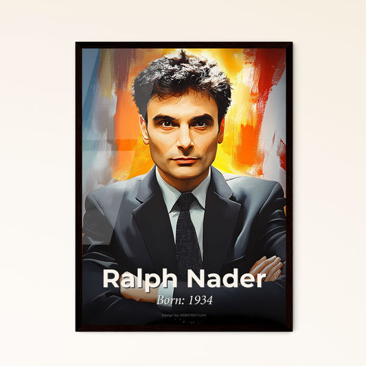 Portrait of Ralph Nader, Born: 1934. Impressionistic painting of a man in a suit and tie.