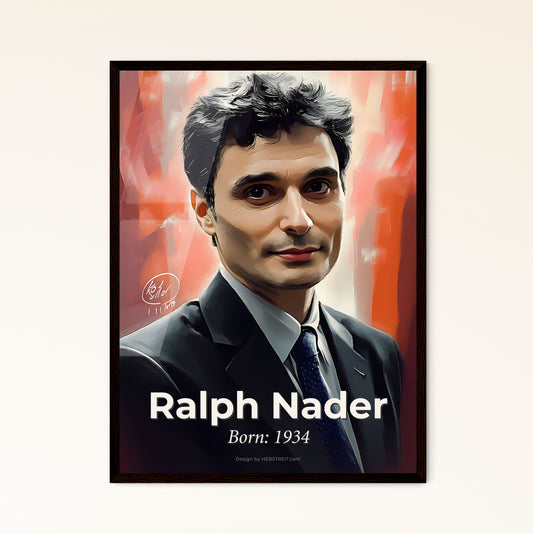 Portrait of Ralph Nader, Born: 1934. Impressionistic painting of a man in a suit.