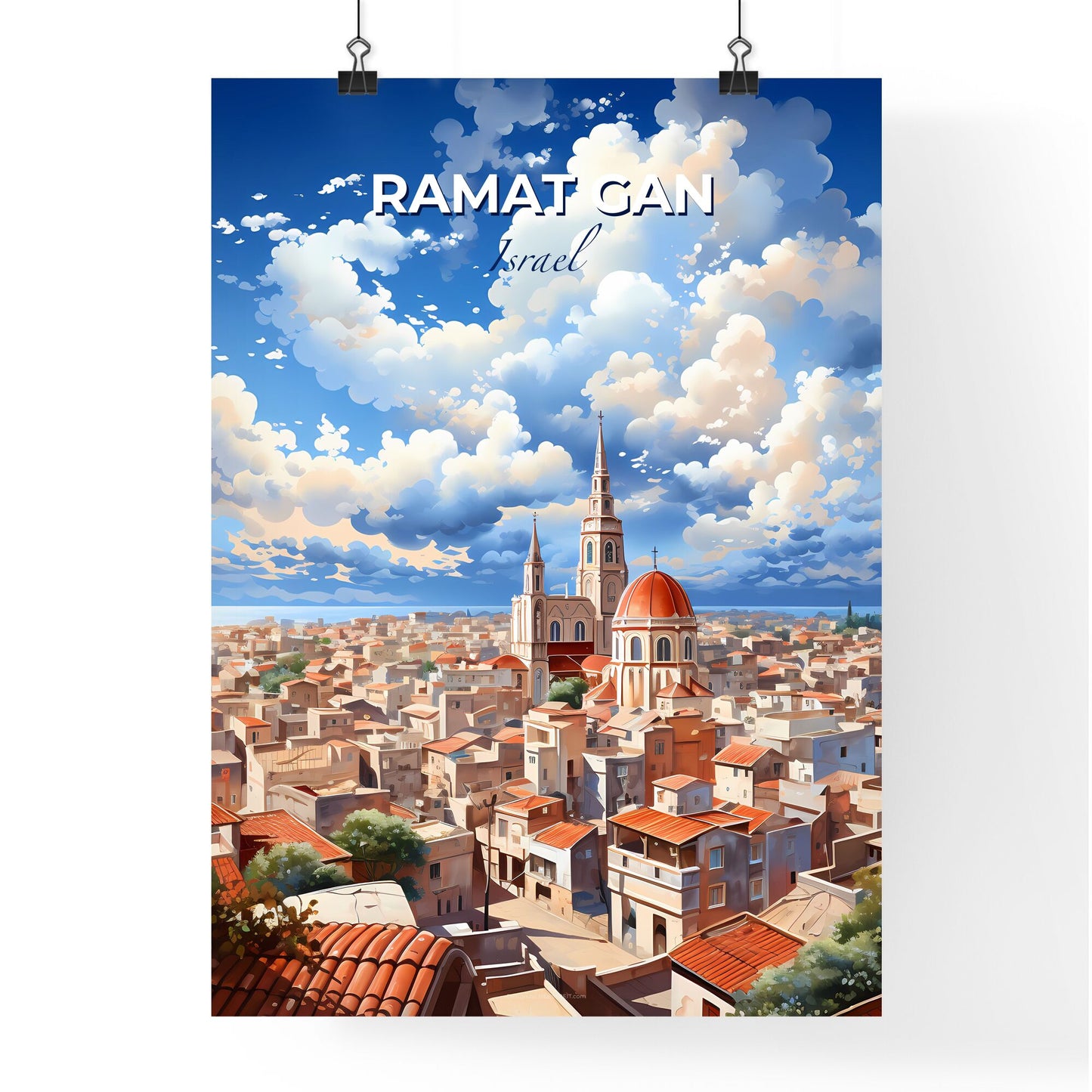 City Skyline Painting: Ramat Gan Israel Church Scene Vibrant Art Default Title