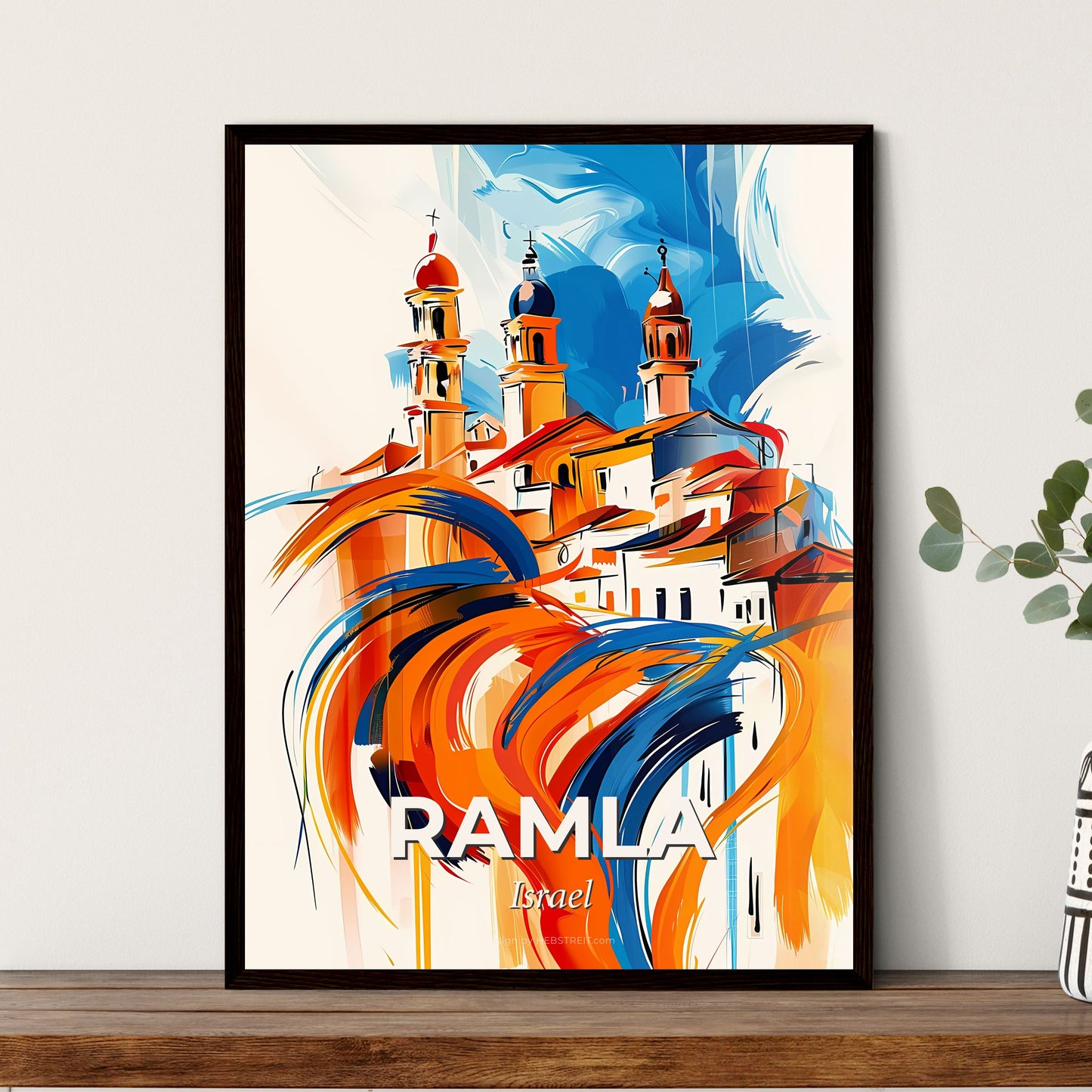 Vibrant Ramla, Israel - A Painting Of A Building With Towers And A Blue And Orange Sky