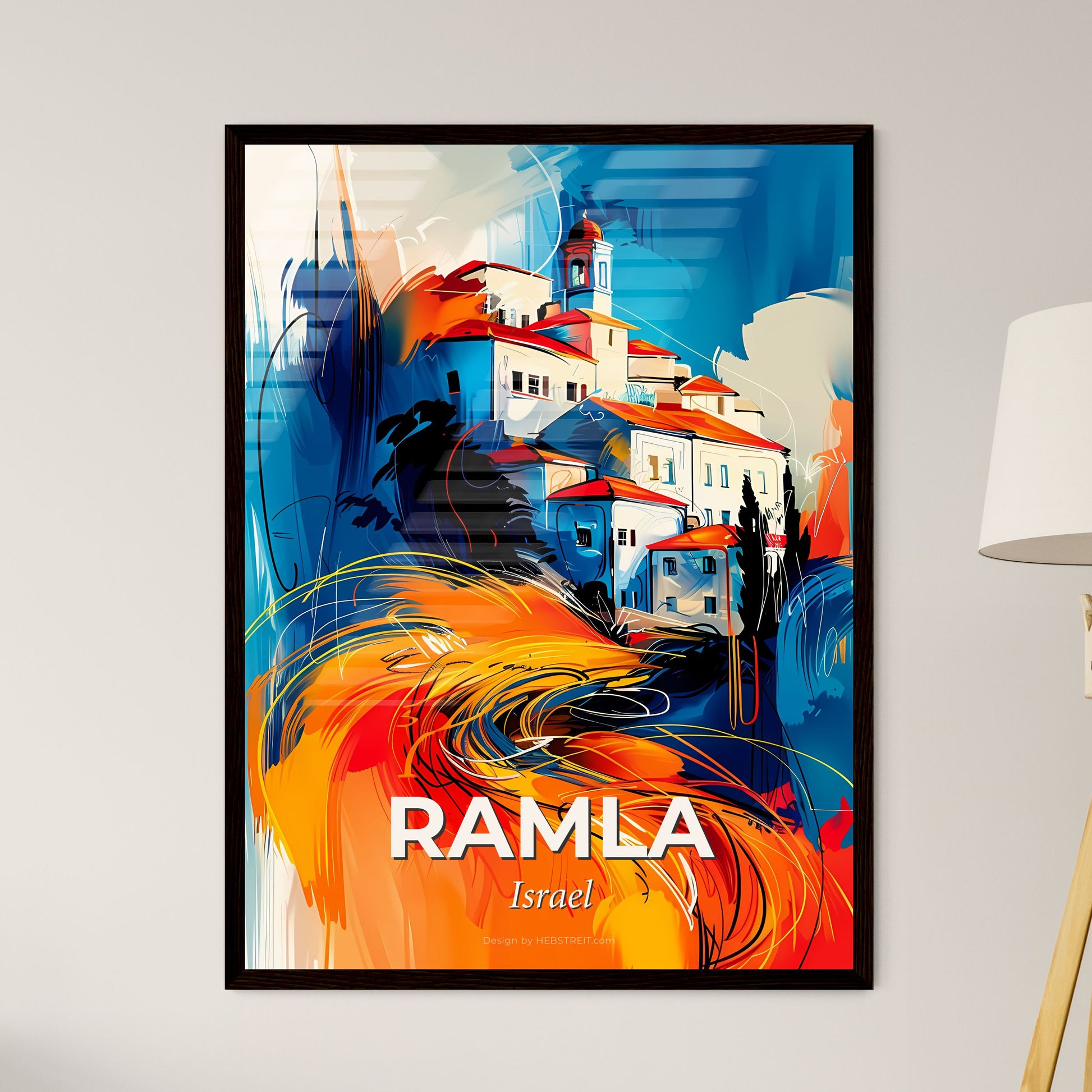 Vibrant Ramla, Israel - A Painting Of A Building With Orange And Blue Colors