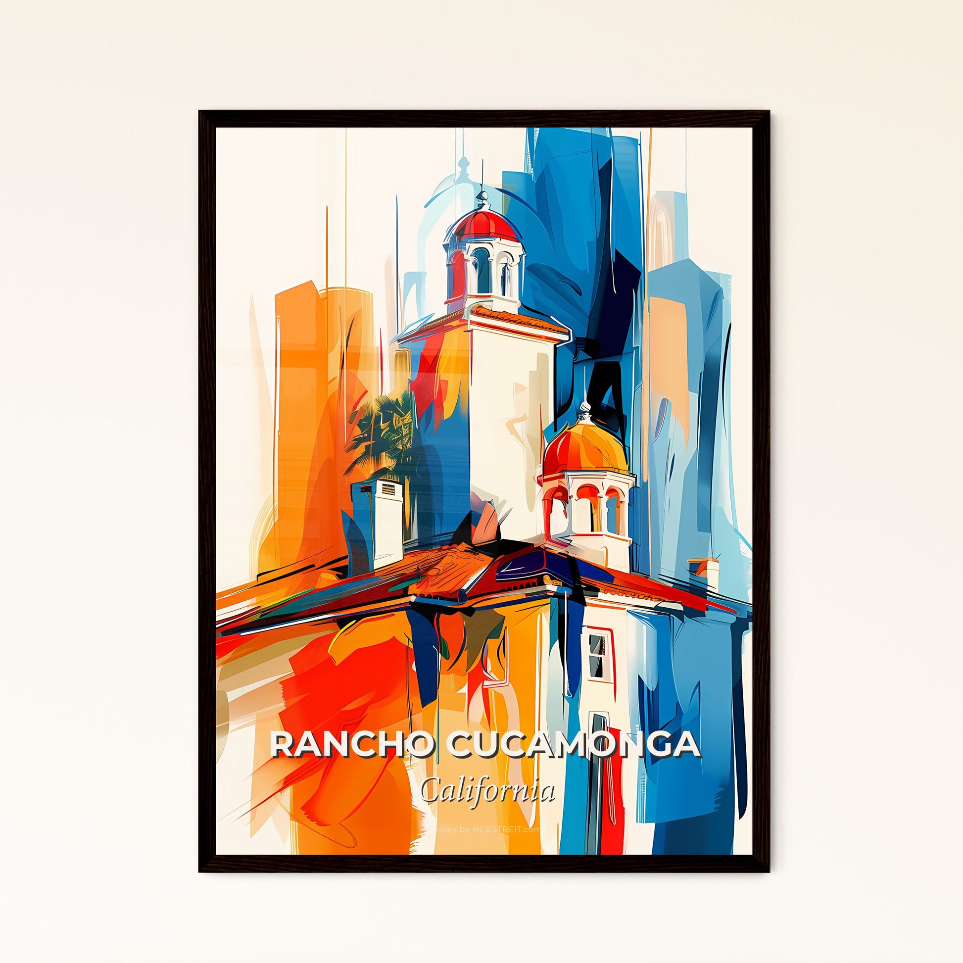 Vibrant Rancho Cucamonga, California - A Painting Of A Building With A Tower And A Tree