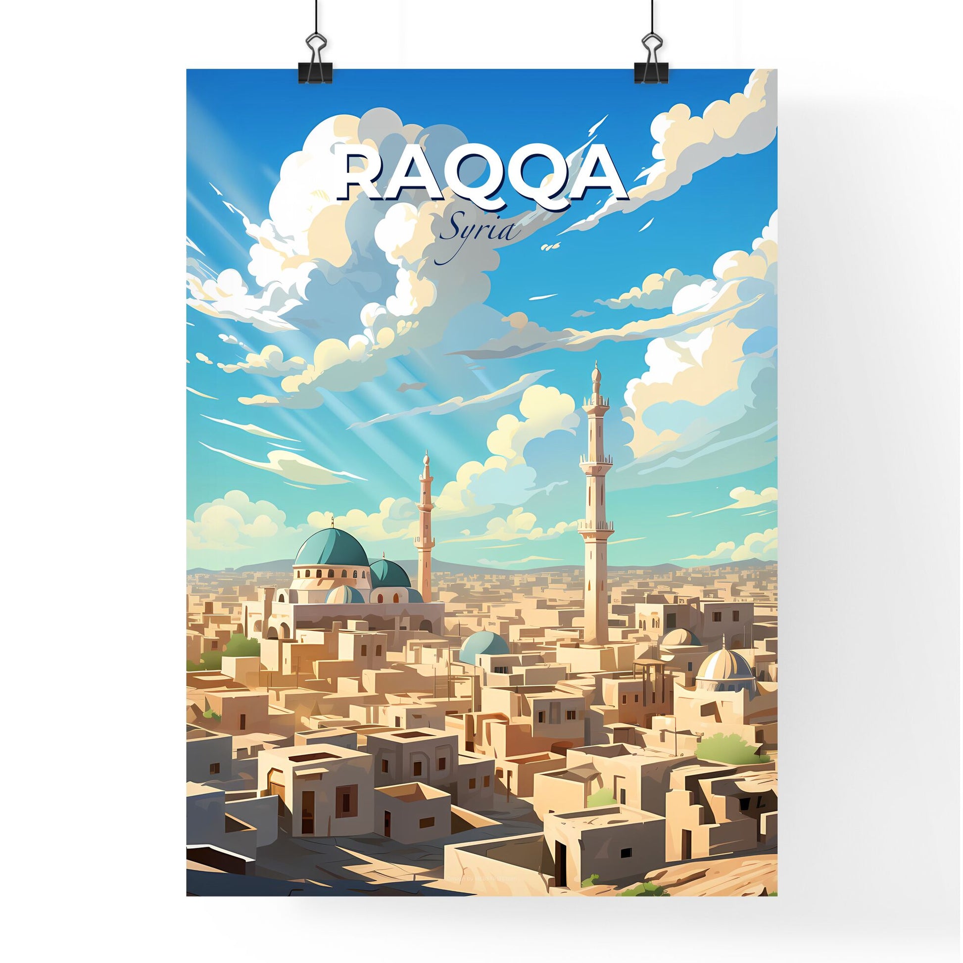 Vibrant Painting of Raqqa Syria Skyline Featuring Buildings and Towers Default Title