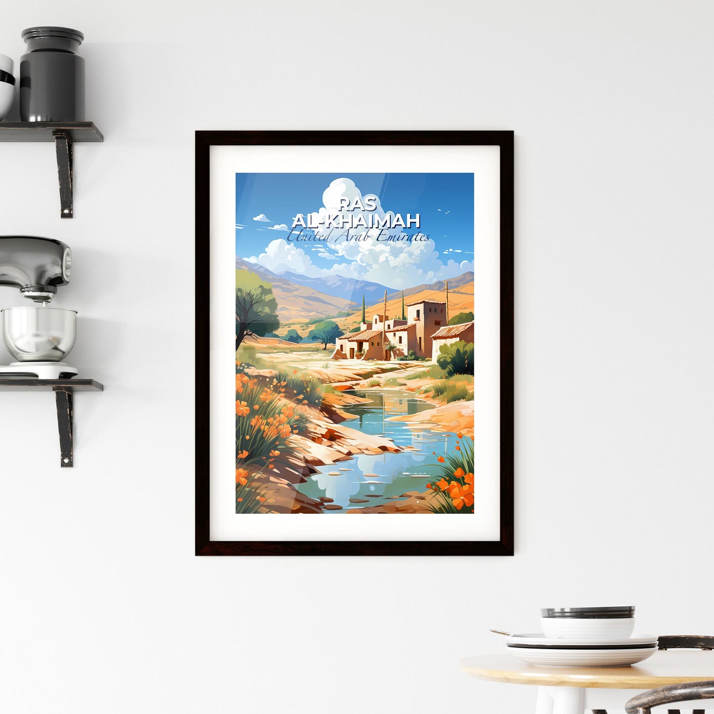 Serene Landscape Painting of Ras al-Khaimah Skyline with River, Mountains, and House Default Title