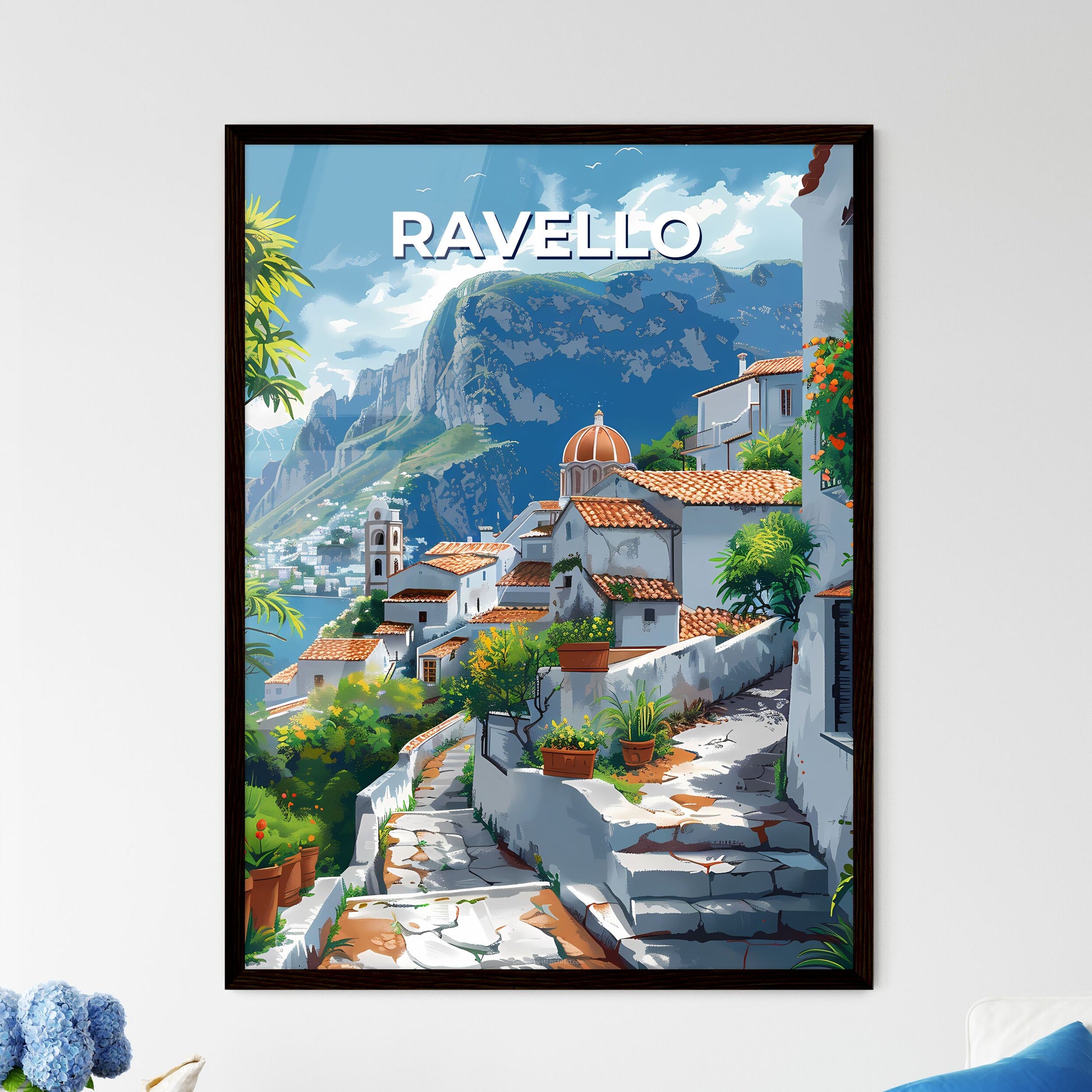 Ravello Italy painting vibrant art white buildings orange roofs mountain background