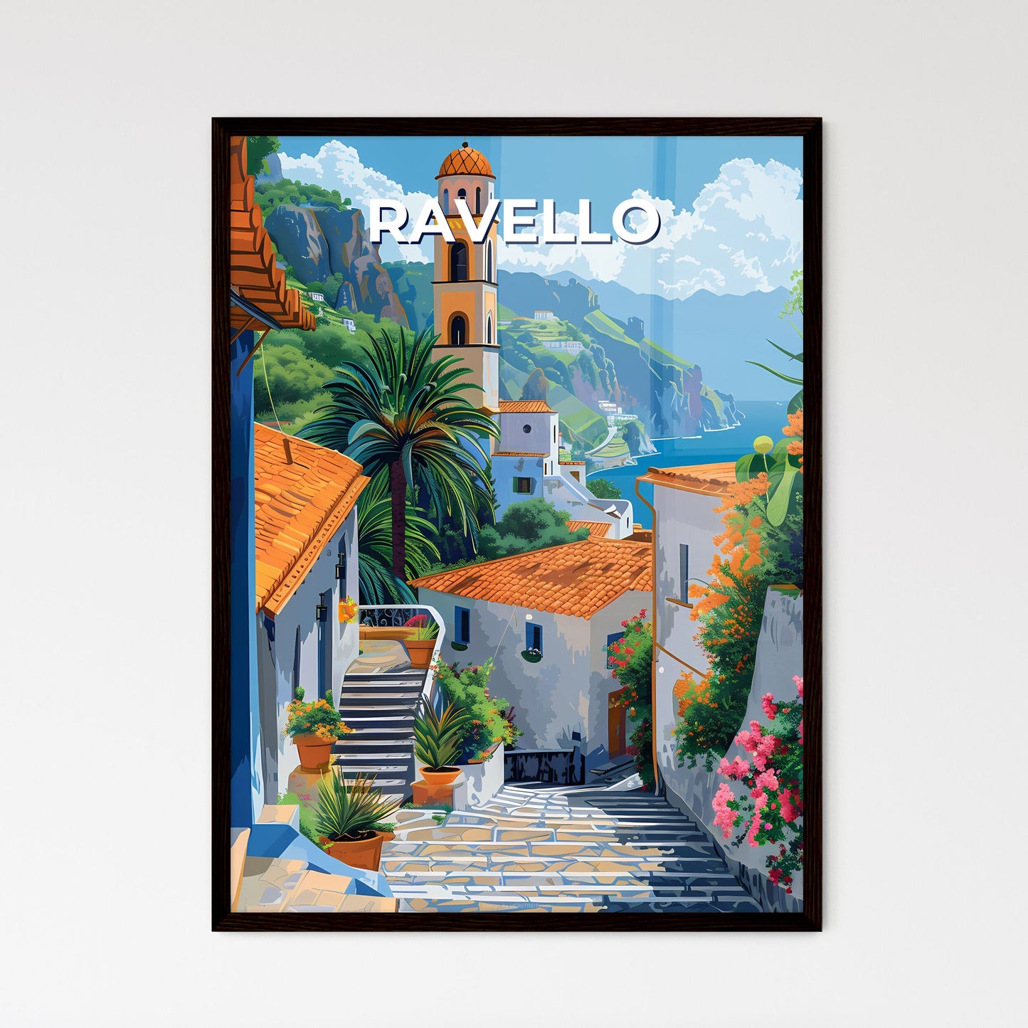 Ravello Italy Vibrant Painting Buildings Trees Steeple Art Artwork Street Scene