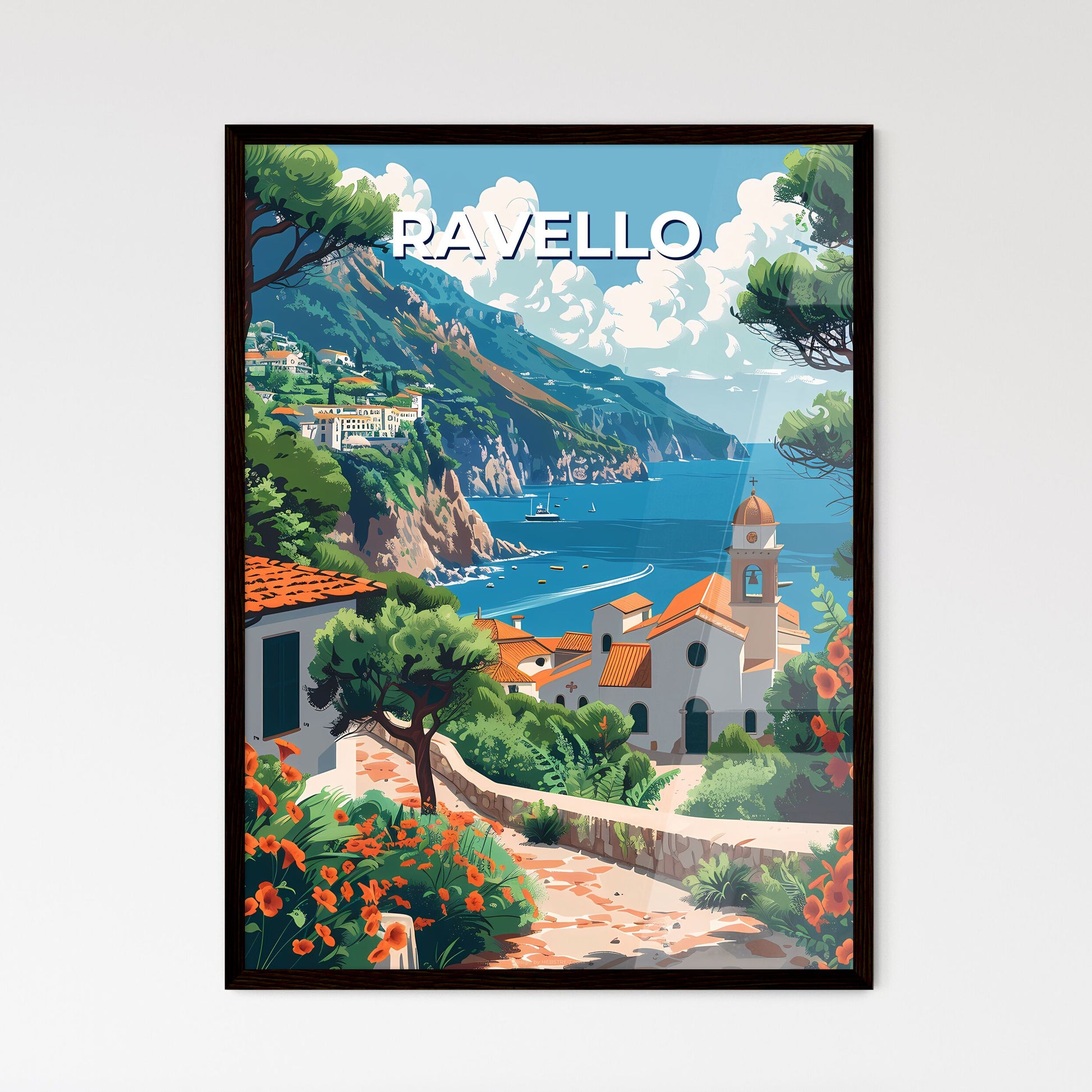 Ravello Italy Scenic Landscape Painting Vibrant Artwork Cityscape Water Buildings