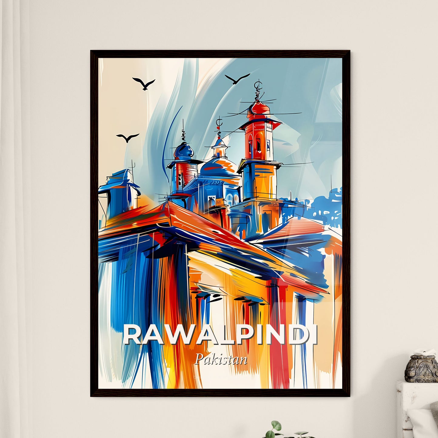 Vibrant Rawalpindi, Pakistan - A Painting Of A Building With Towers And Birds Flying In The Sky