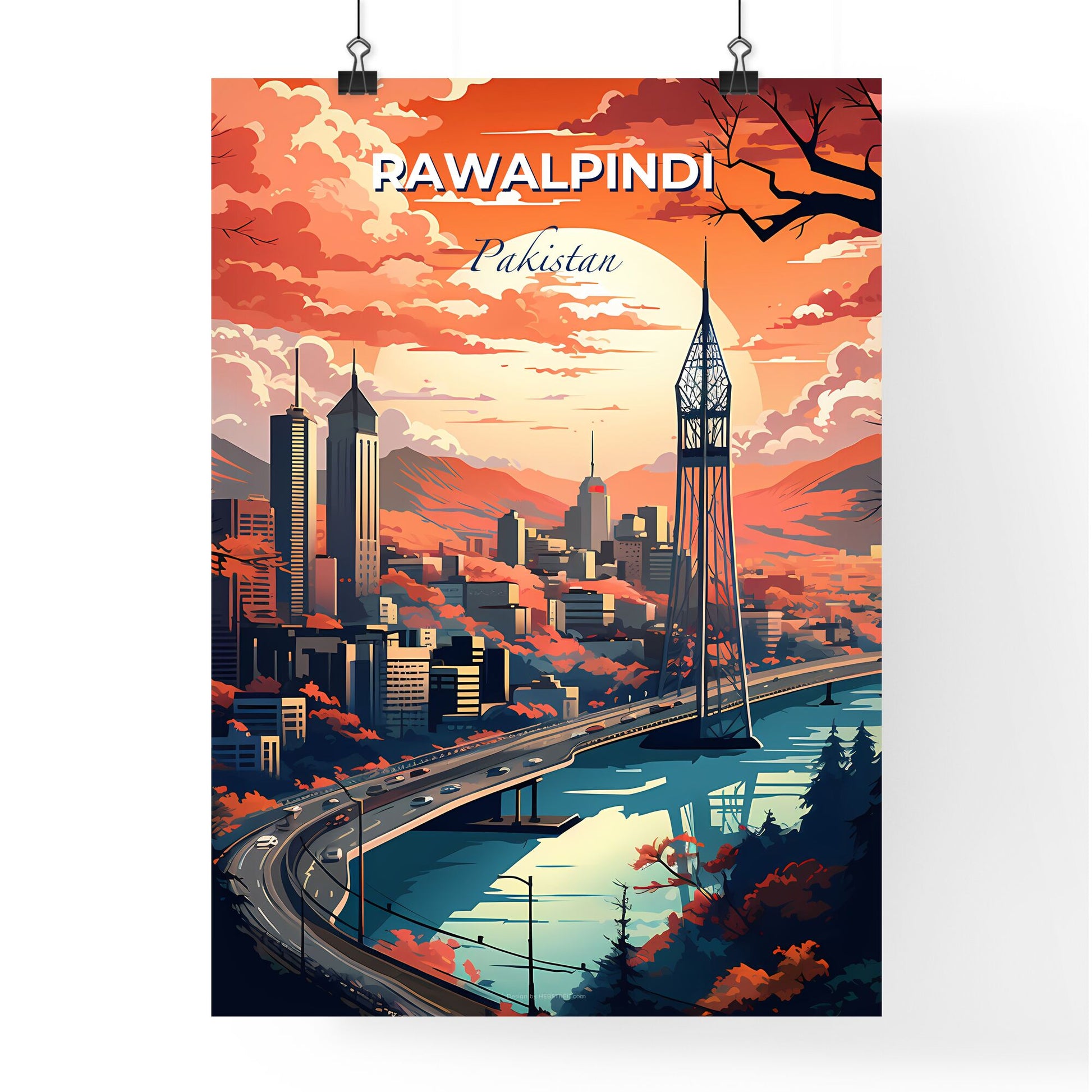 Rawalpindi Cityscape Painting: Vibrant Skyline with Bridge and River Default Title