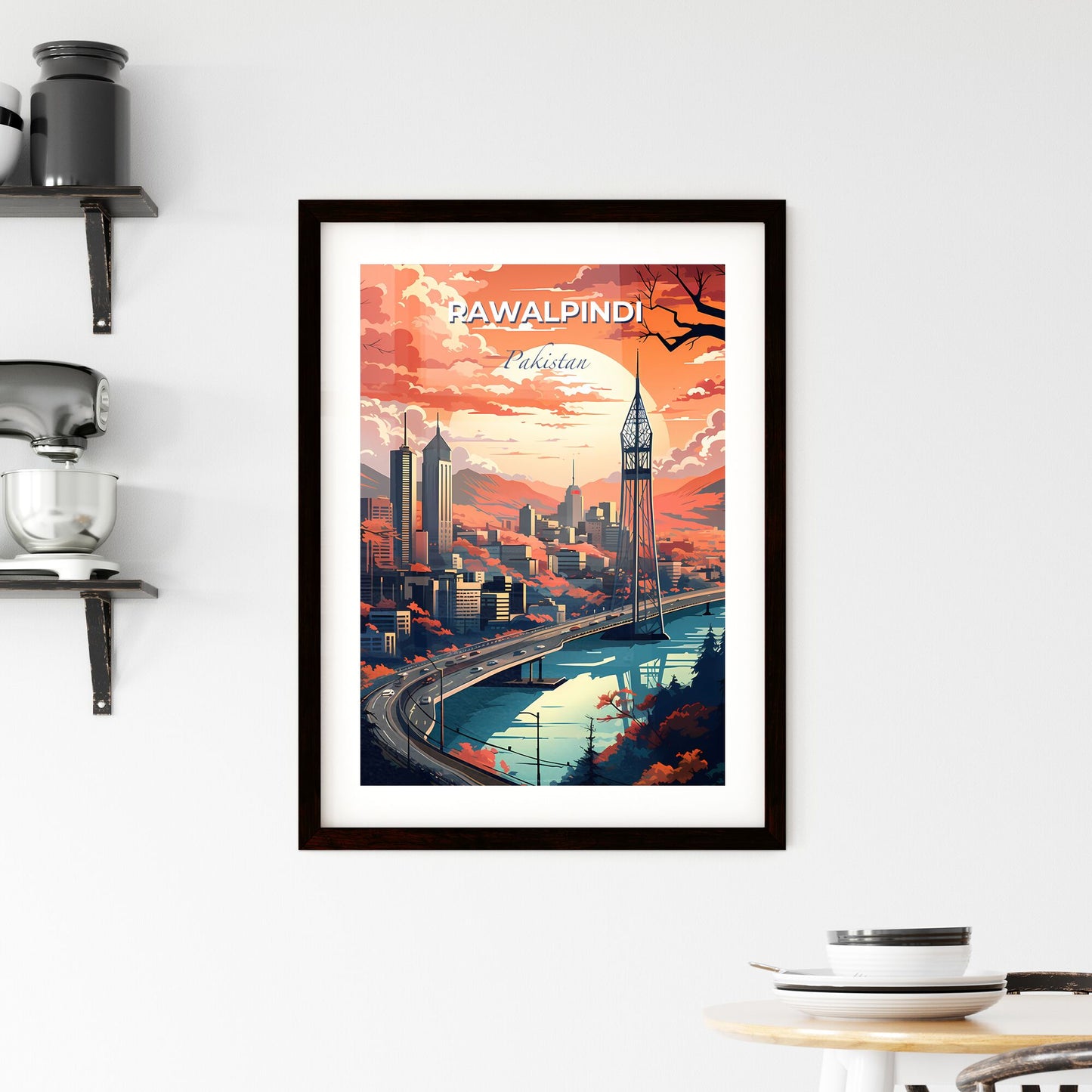 Rawalpindi Cityscape Painting: Vibrant Skyline with Bridge and River Default Title