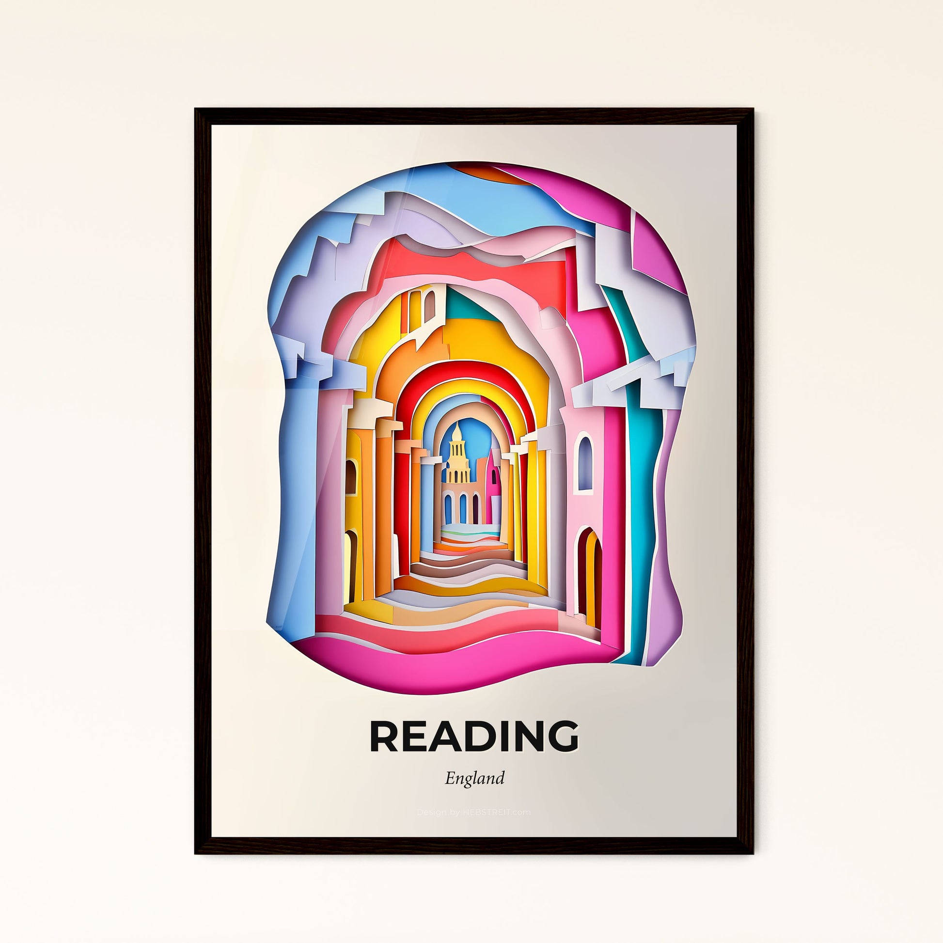 Vivid Reading, England - a colorful archway with a clock tower in the background