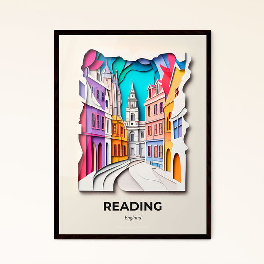 Vivid Reading, England - a paper cut of a city street with a clock tower