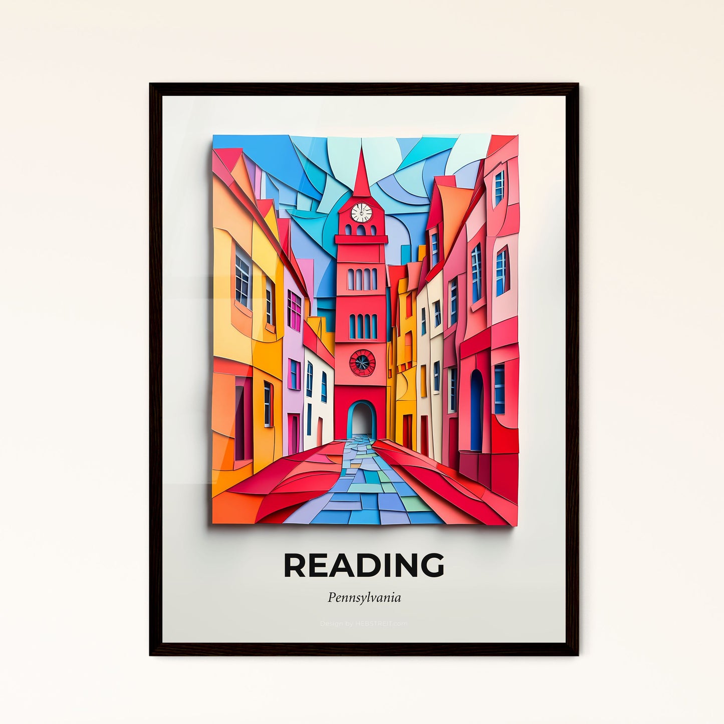 Vivid Reading, Pennsylvania - a painting of a street with a clock tower