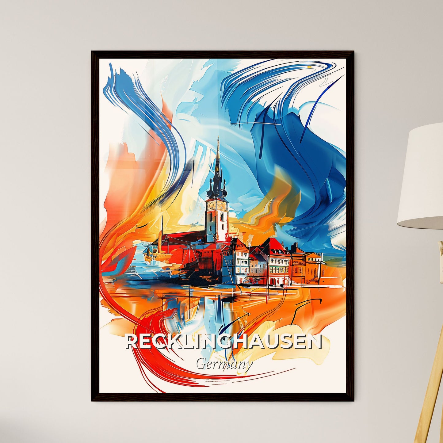 Vibrant Recklinghausen, Germany - A Painting Of A Building With A Tower And A Colorful Background