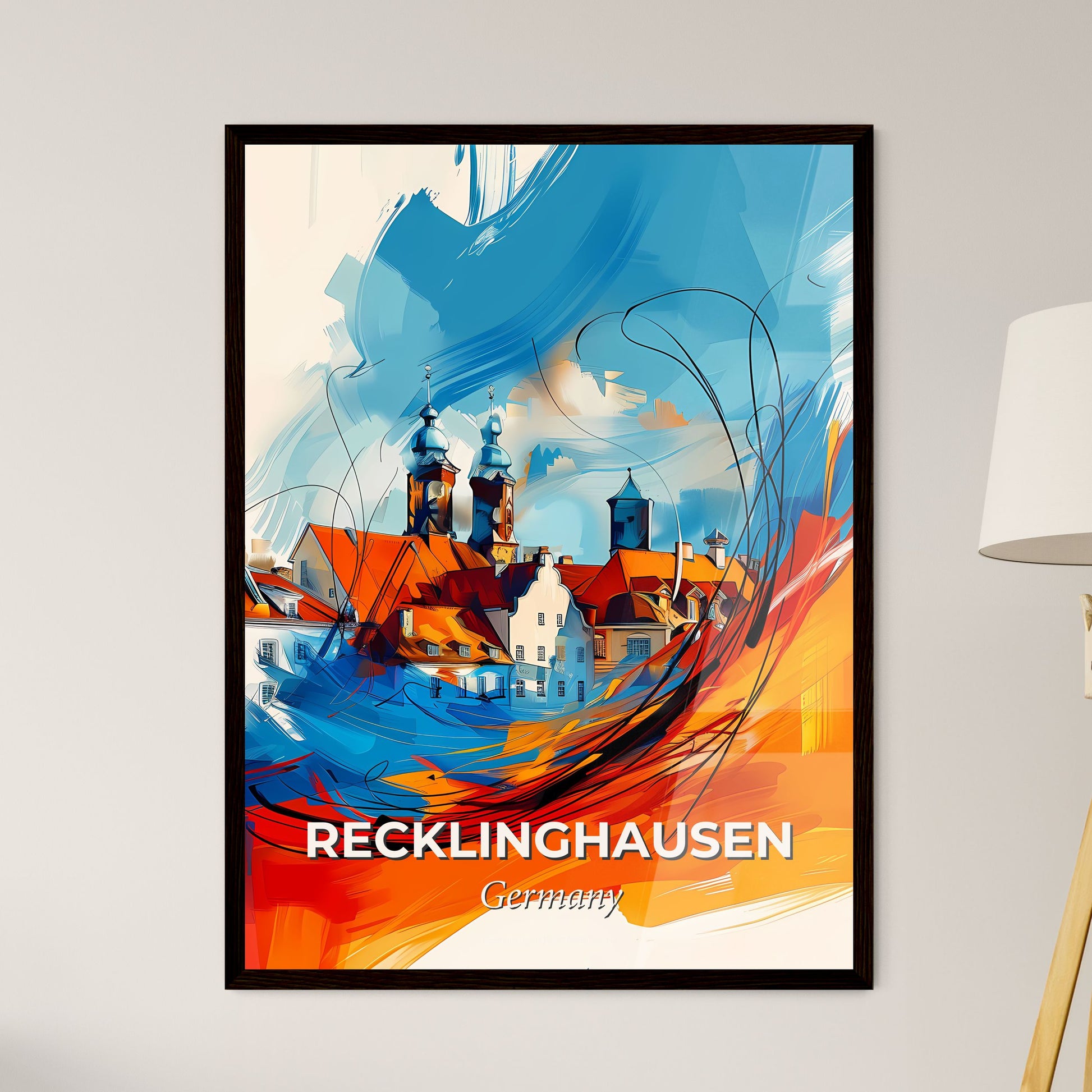 Vibrant Recklinghausen, Germany - A Painting Of A Town With Buildings And Blue And Orange Colors