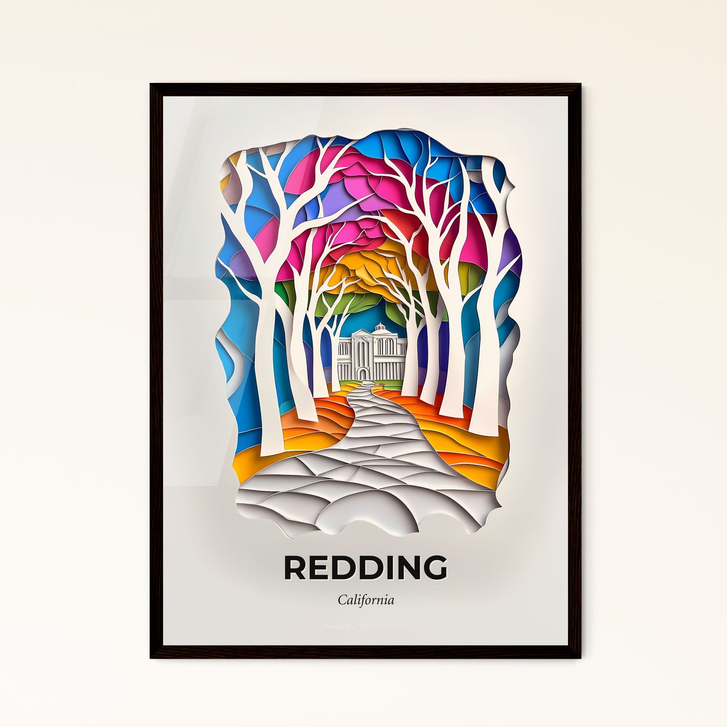 Vivid Redding, California - a paper cut of a pathway with trees and a white house