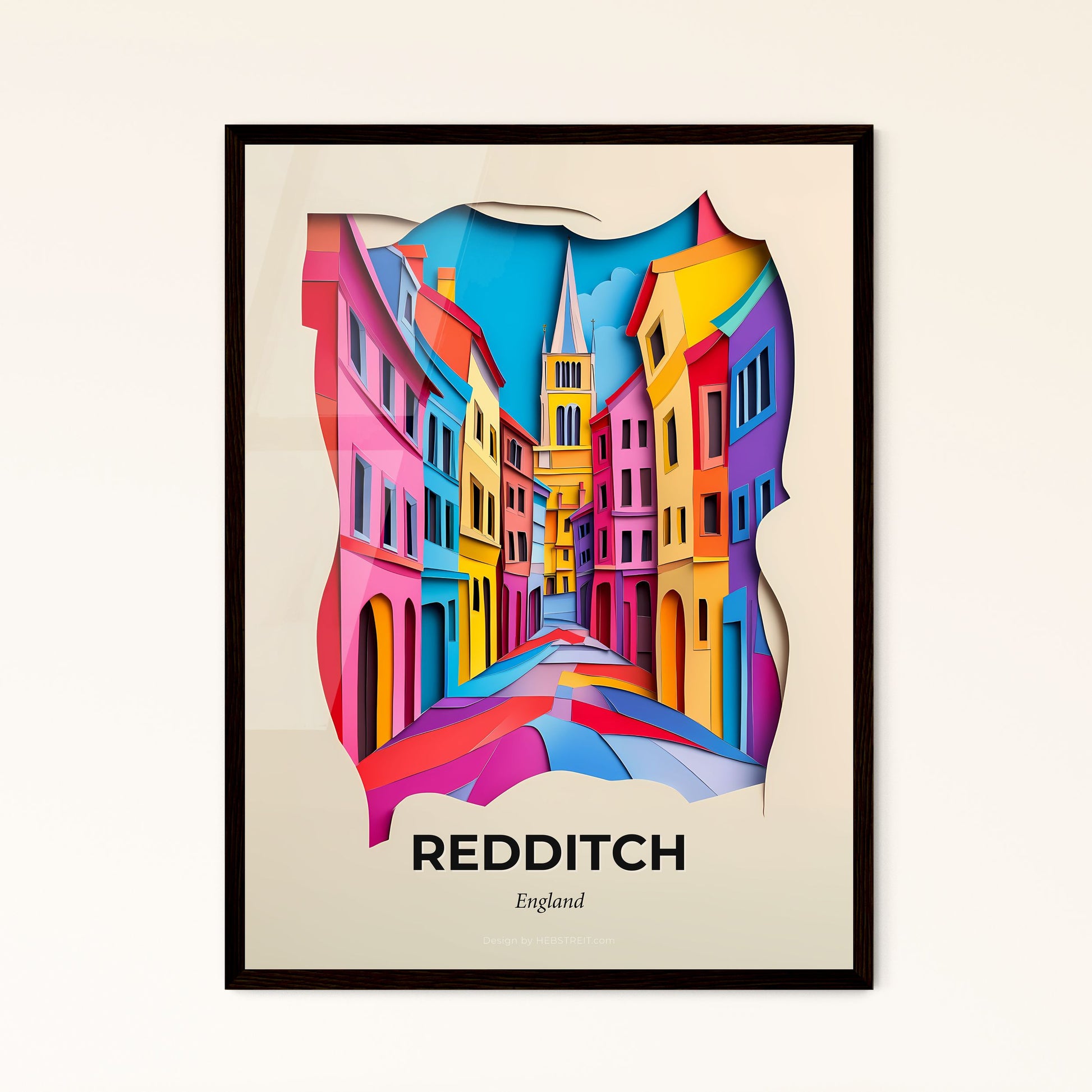 Vivid Redditch, England - a colorful city street with a clock tower