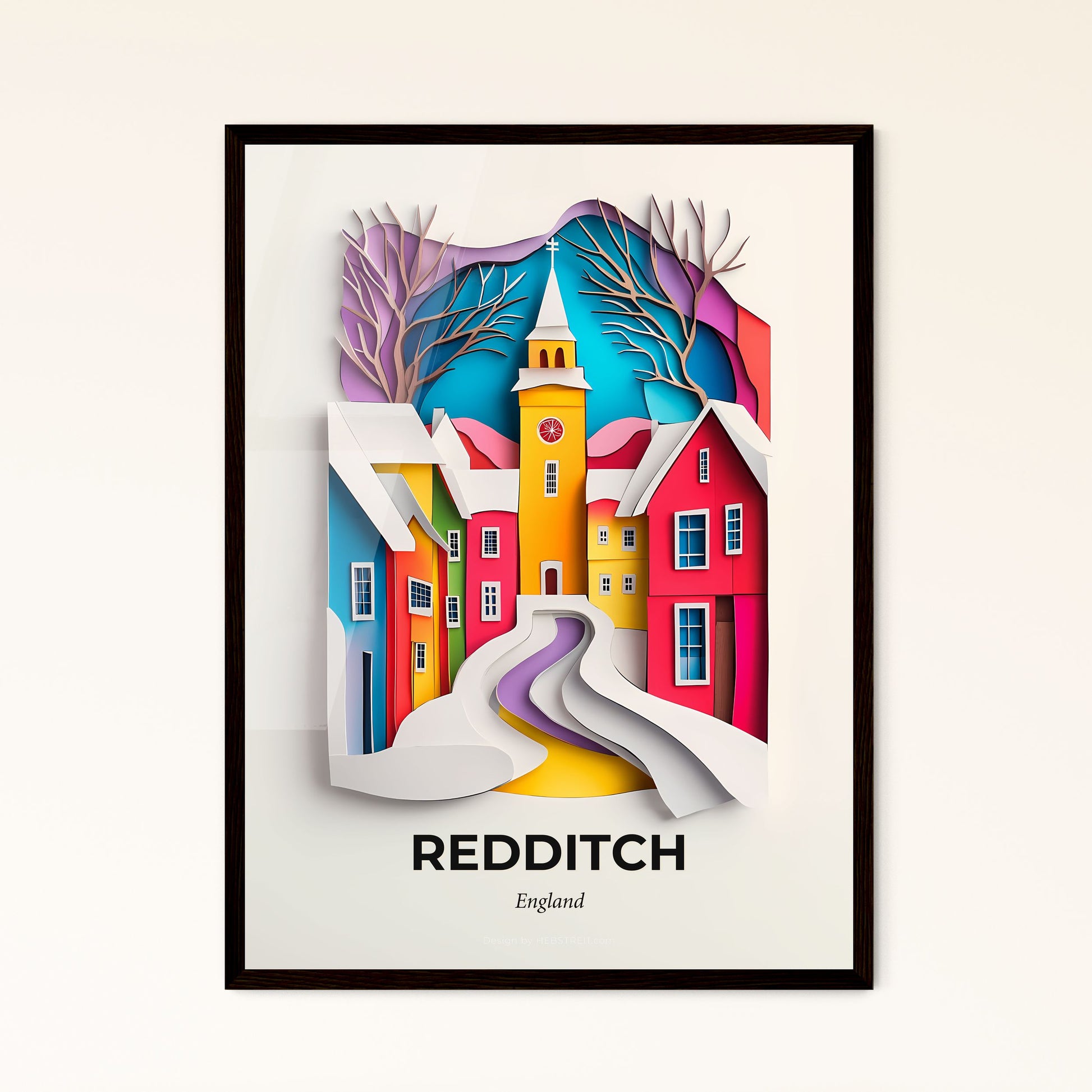 Vivid Redditch, England - a paper cut of a church and a snowy landscape