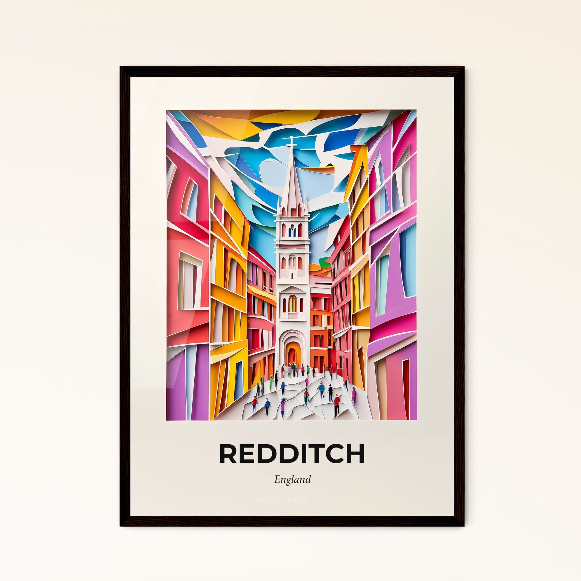 Vivid Redditch, England - a painting of a street with a church steeple