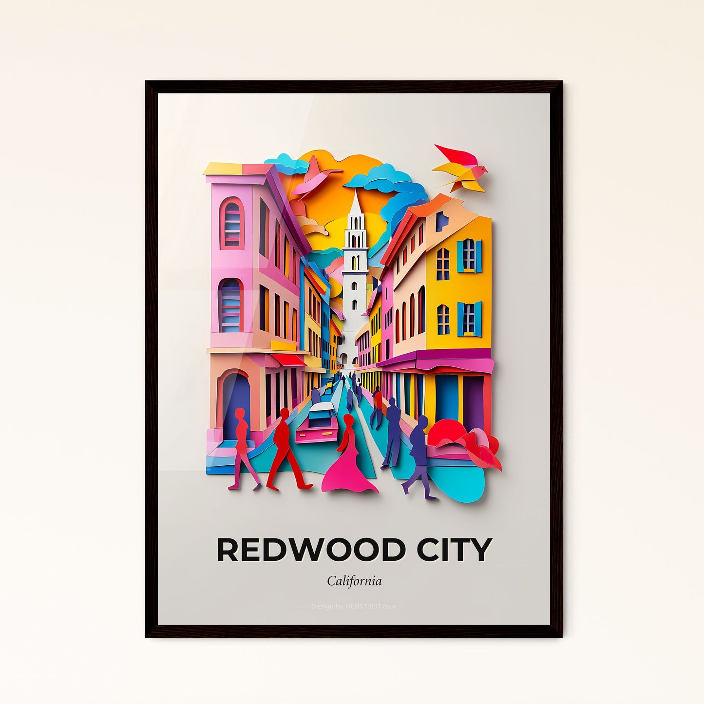 Vivid Redwood City, California - a colorful city scene with people walking down the street