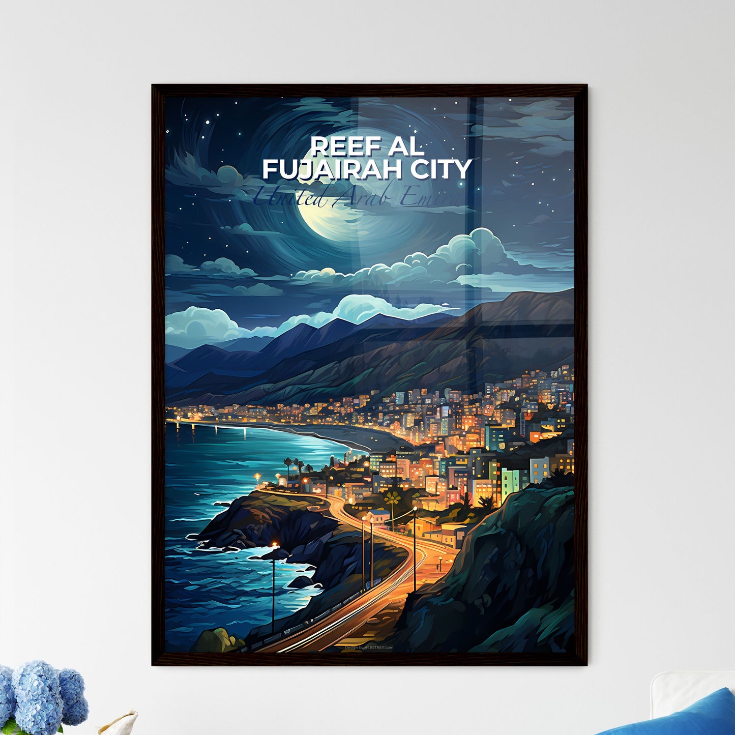 Stunning Cityscape Painting of Reef Al Fujairah, UAE Skyline on Ocean Cliffs Default Title
