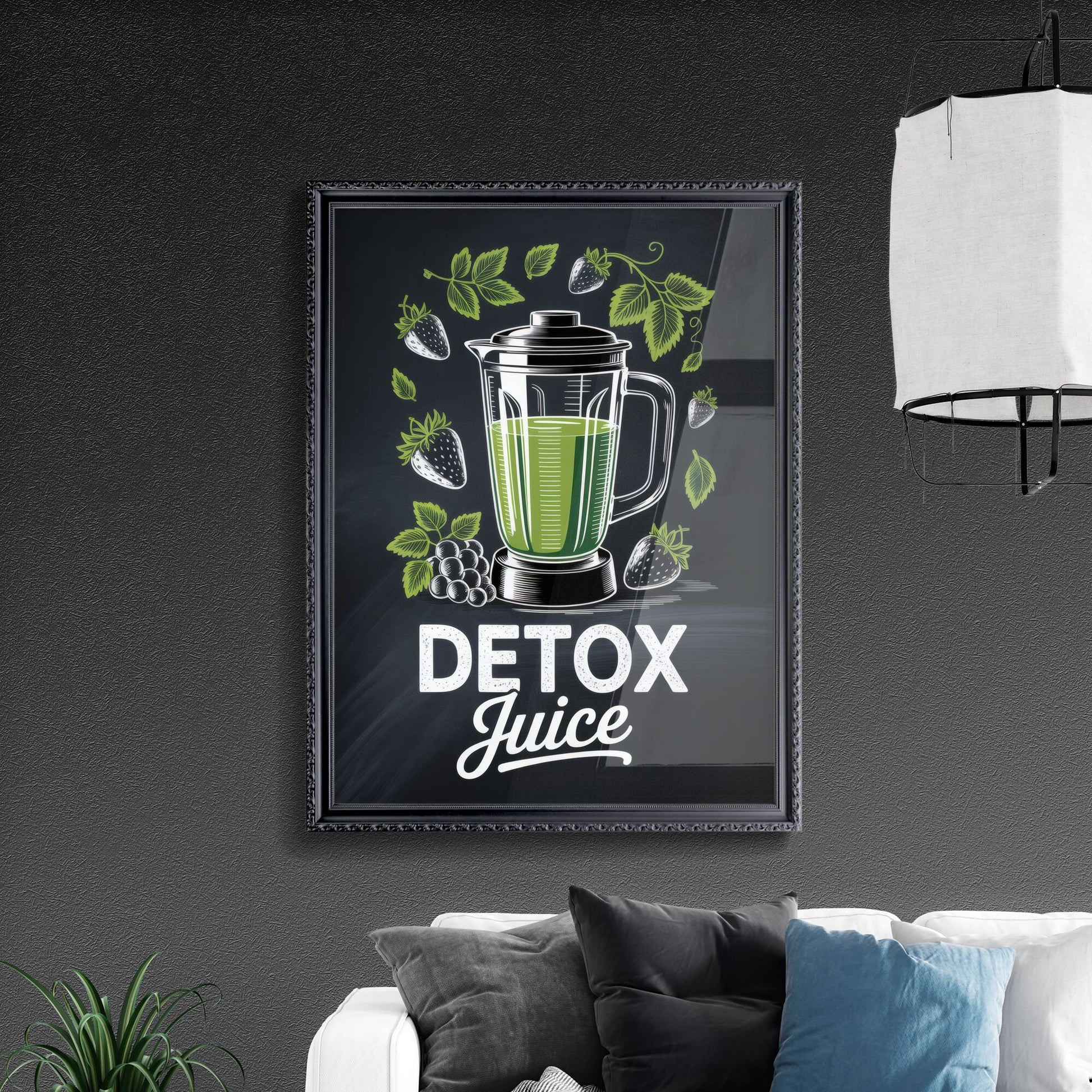 Refreshing Detox Juice Made with Fresh Ingredients in a Stylish Blender on Chalkboard Background.