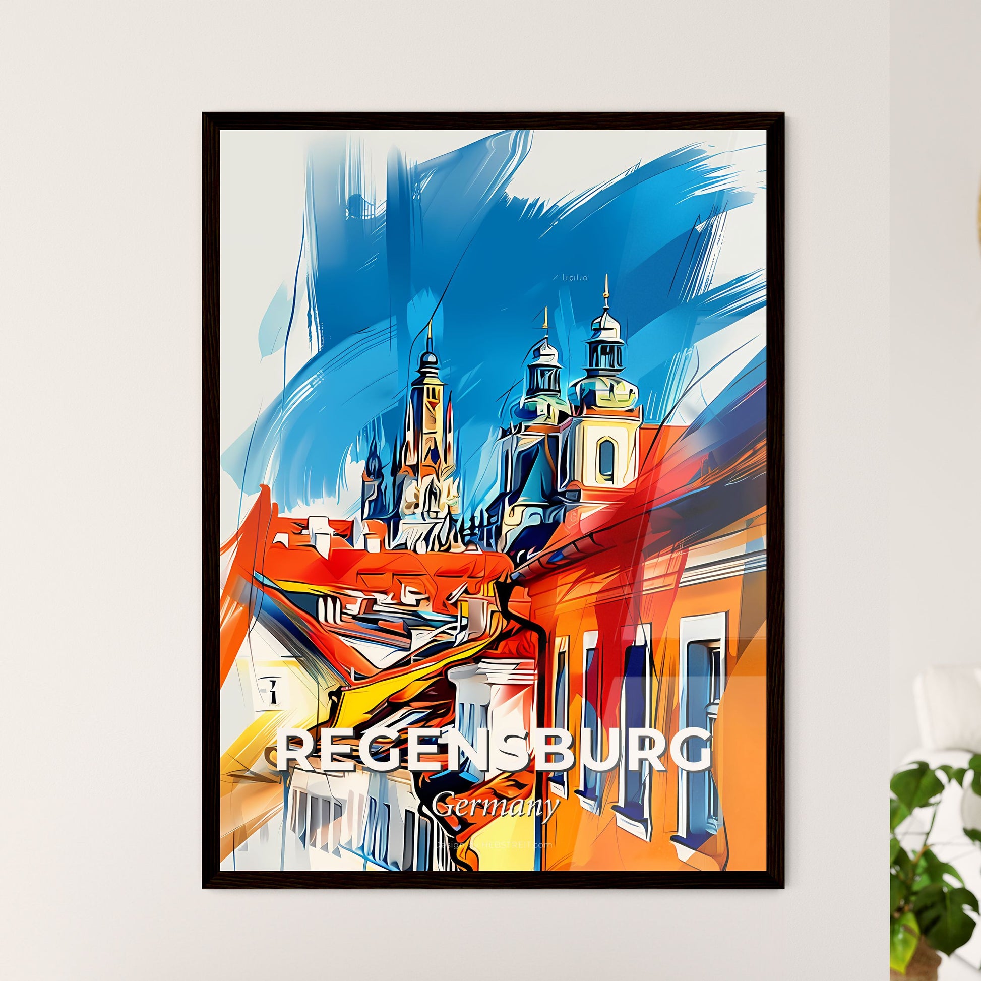 Vibrant Regensburg, Germany - A Painting Of A Building With A Tower And A Blue Sky