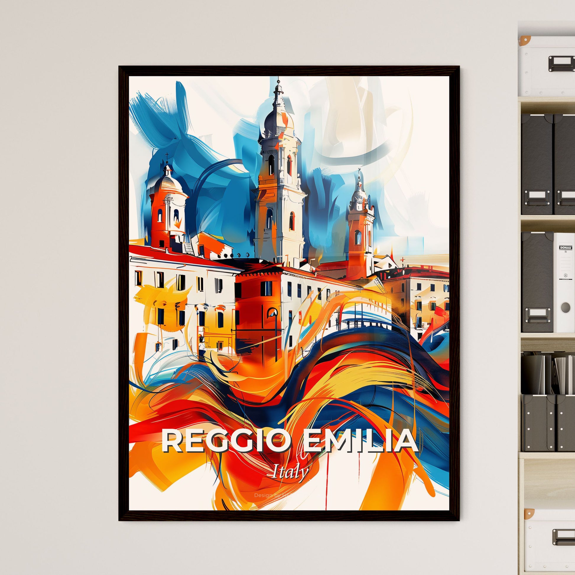 Vibrant Reggio Emilia, Italy - A Painting Of A Building With Towers And A Colorful Wave