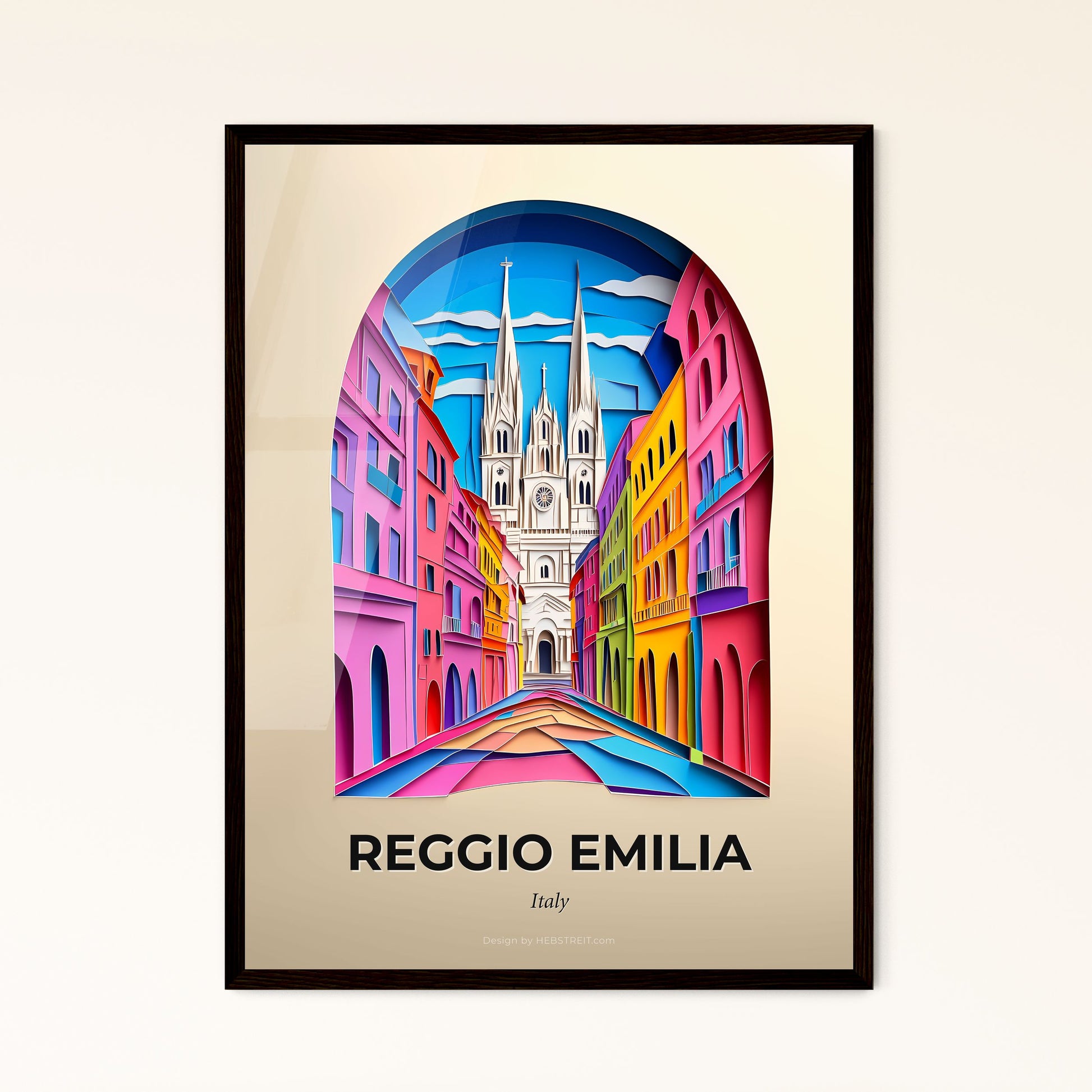 Vivid Reggio Emilia, Italy - a painting of a city street with a church in the background