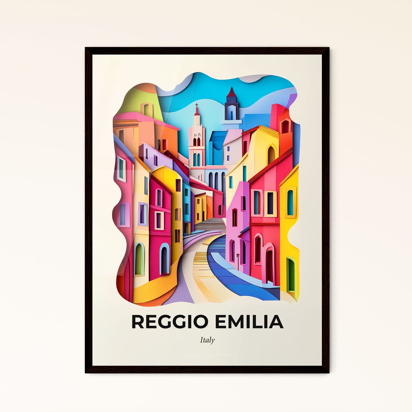 Vivid Reggio Emilia, Italy - a paper cut of a city with a clock tower