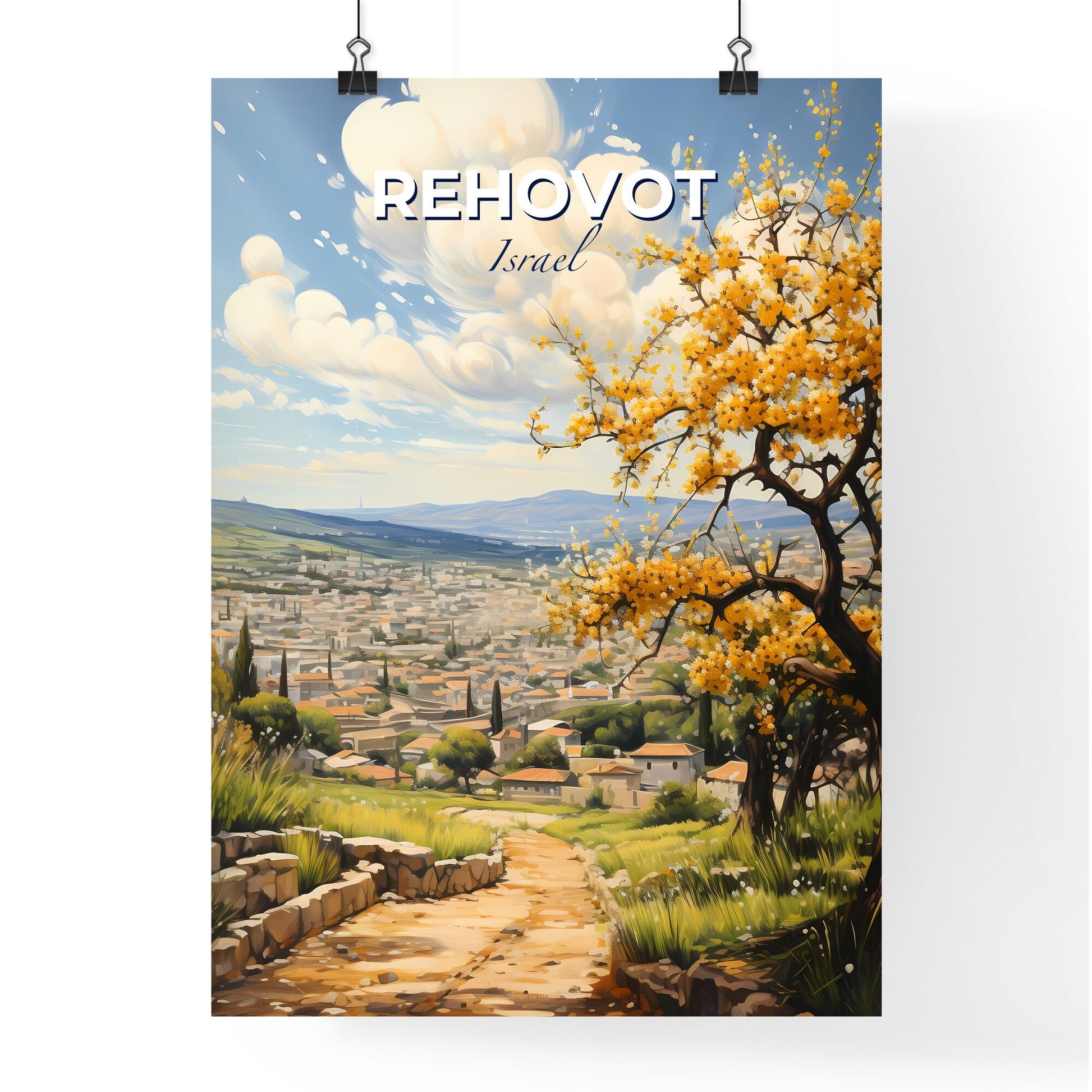 Vibrant Painted Valley Scene with Yellow Flowering Tree and Scenic Skyline of Rehovot Israel Default Title