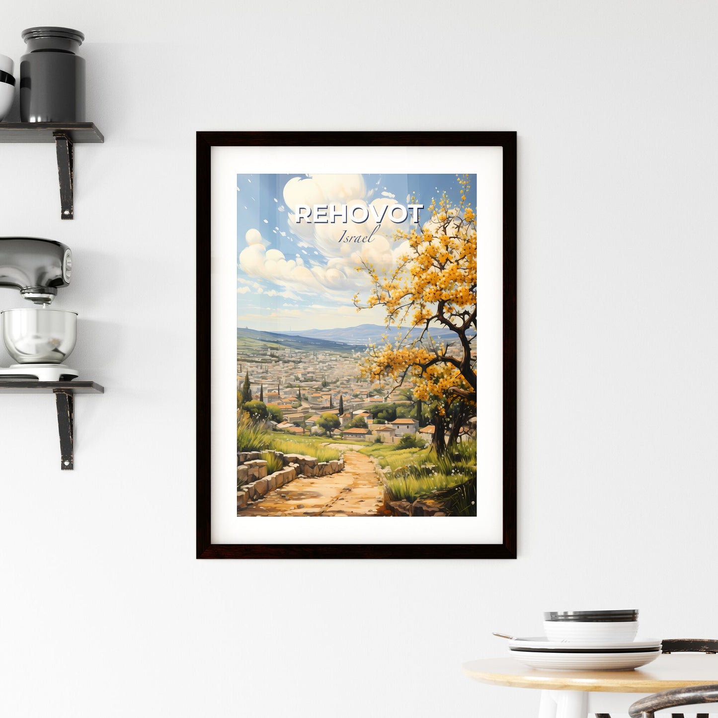 Vibrant Painted Valley Scene with Yellow Flowering Tree and Scenic Skyline of Rehovot Israel Default Title