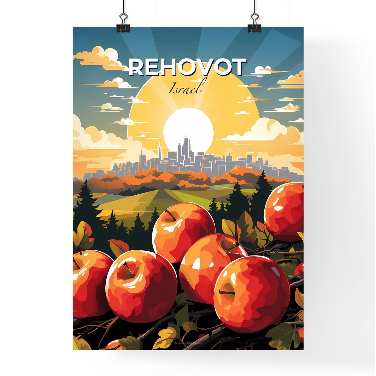 Vibrant Painting with Apples and City Skyline, Depicting the Beauty of Rehovot Israel Default Title