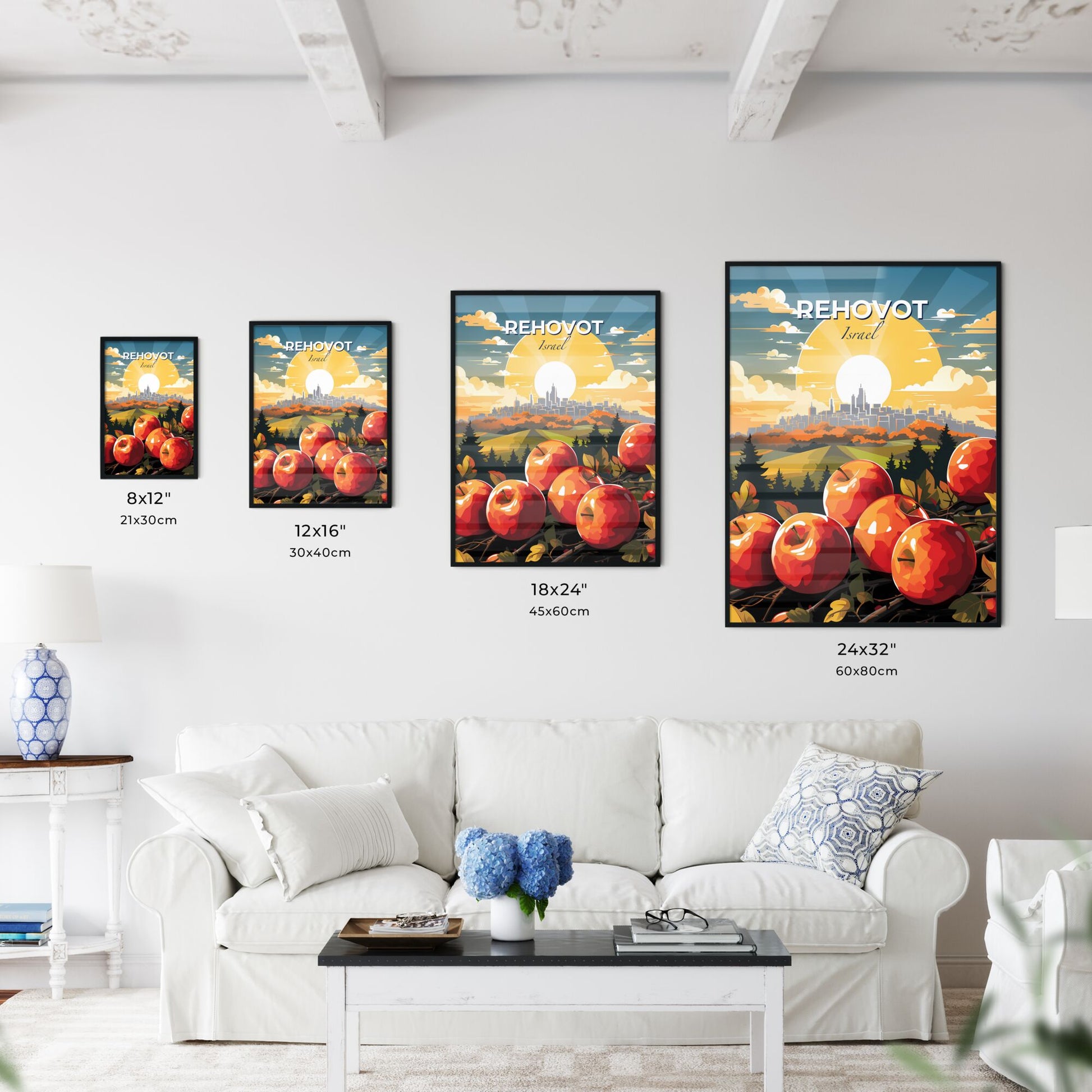 Vibrant Painting with Apples and City Skyline, Depicting the Beauty of Rehovot Israel Default Title