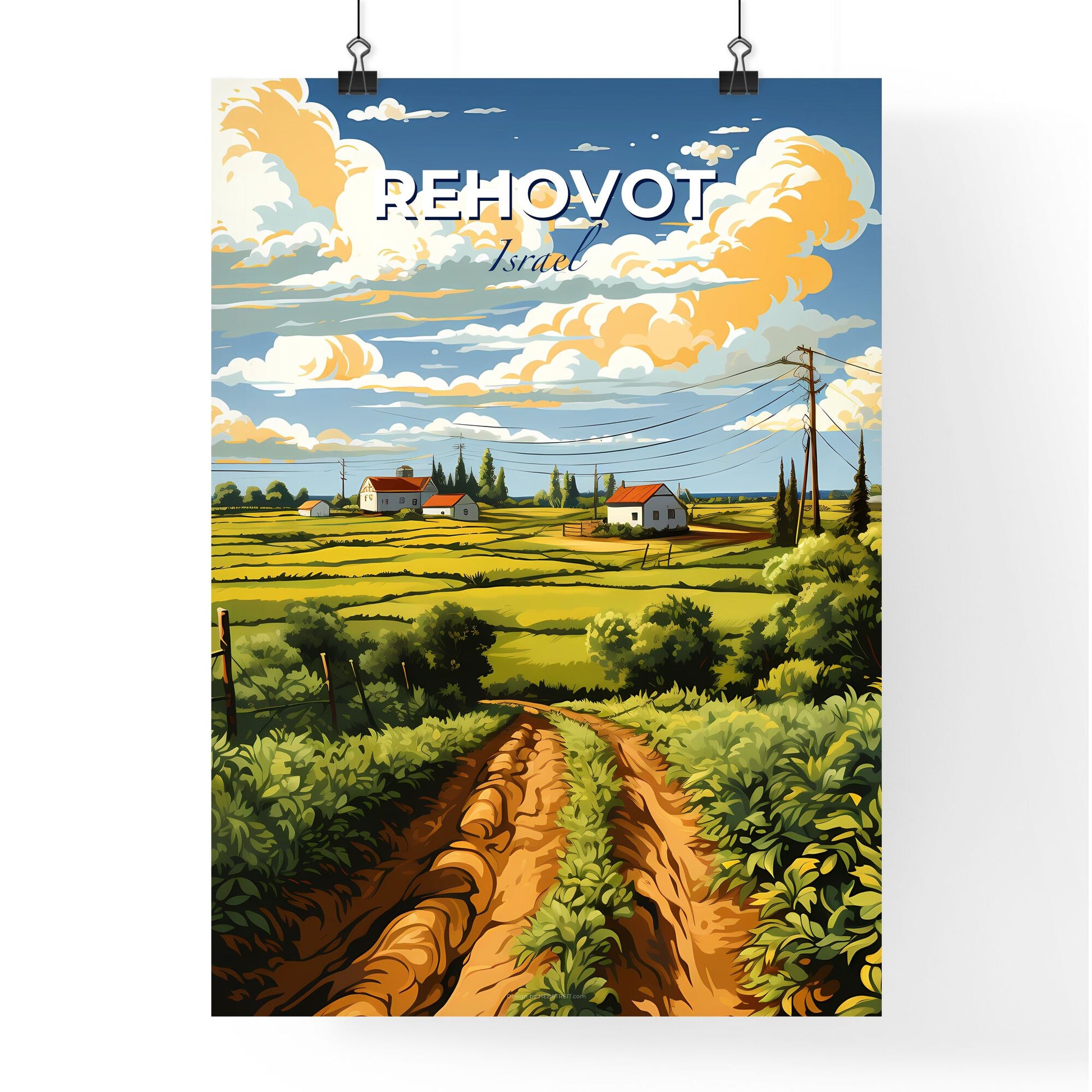 Vibrant Painting of Rehovot Skyline - Farm Dirt Road Artistic Landscape Default Title