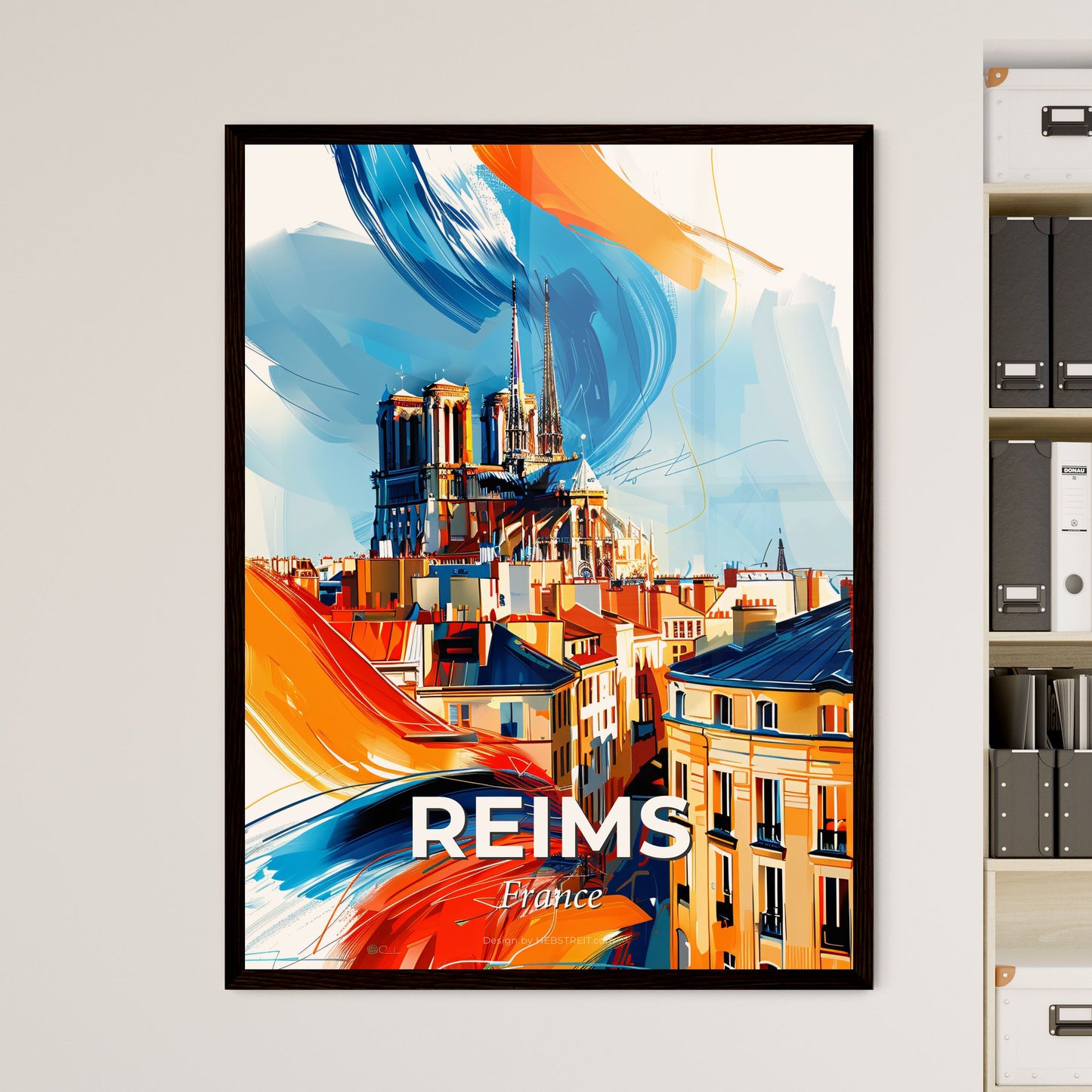 Vibrant Reims, France - A Painting Of A City With Buildings And A Cathedral