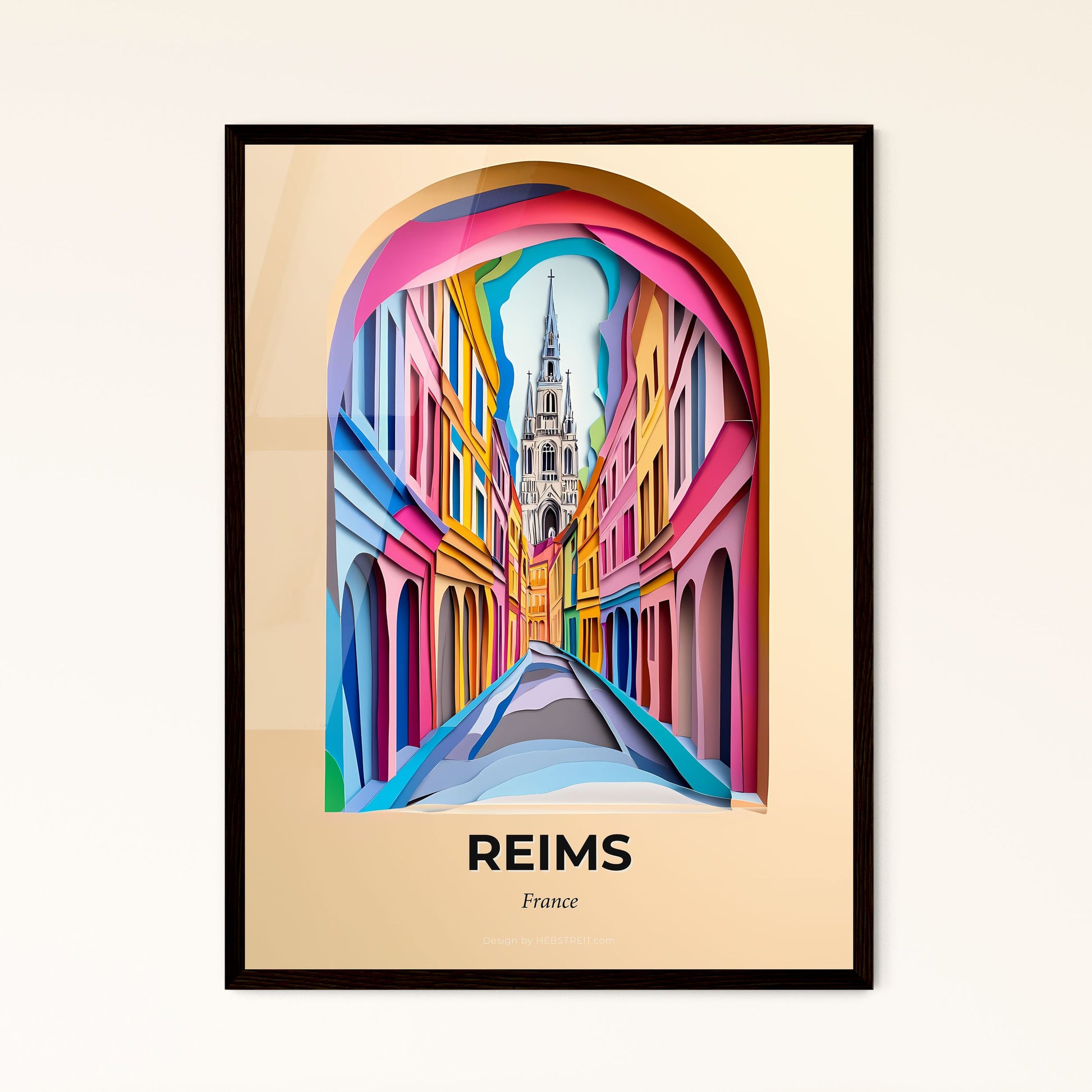 Vivid Reims, France - a colorful city street with a clock tower in the background