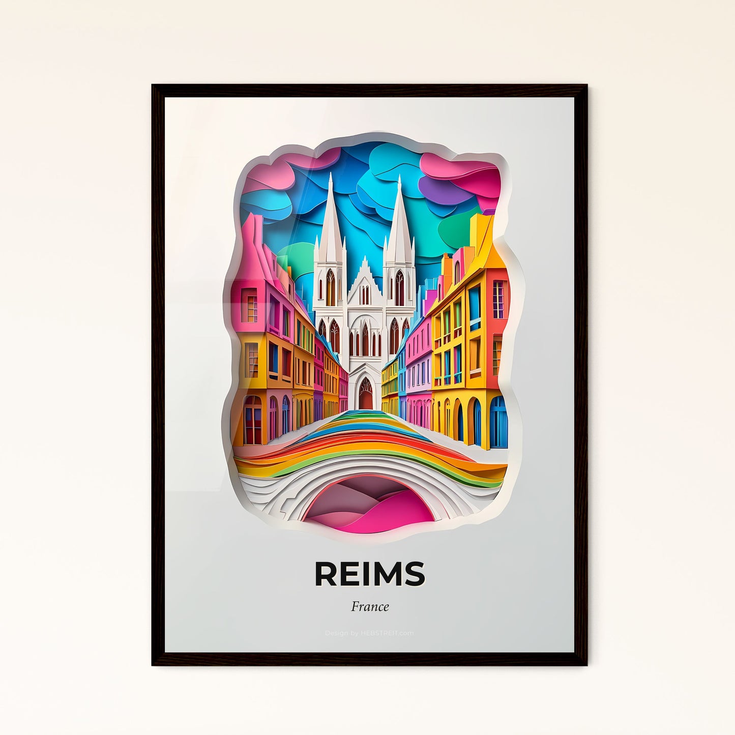 Vivid Reims, France - a paper cut of a city with a bridge