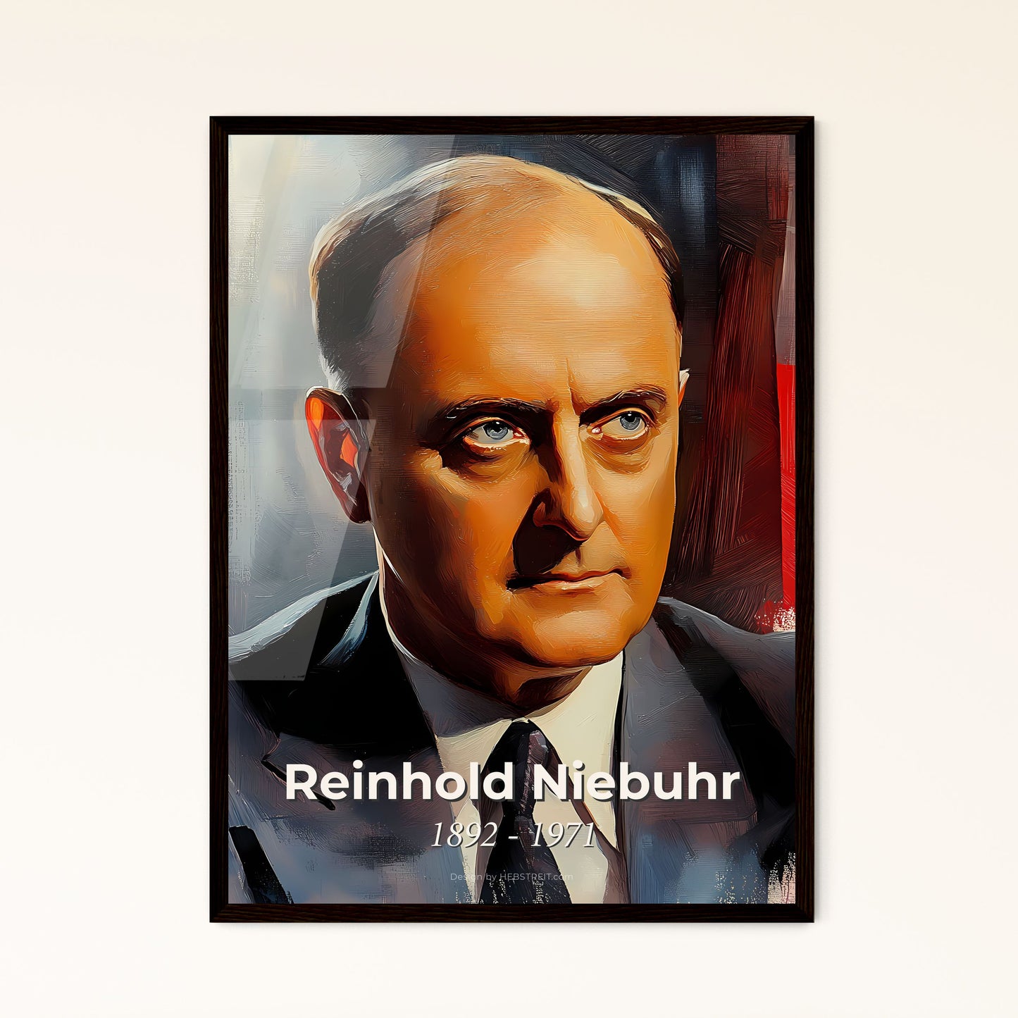 Portrait of Reinhold Niebuhr, 1892 - 1971. Impressionistic painting of a man in a suit.