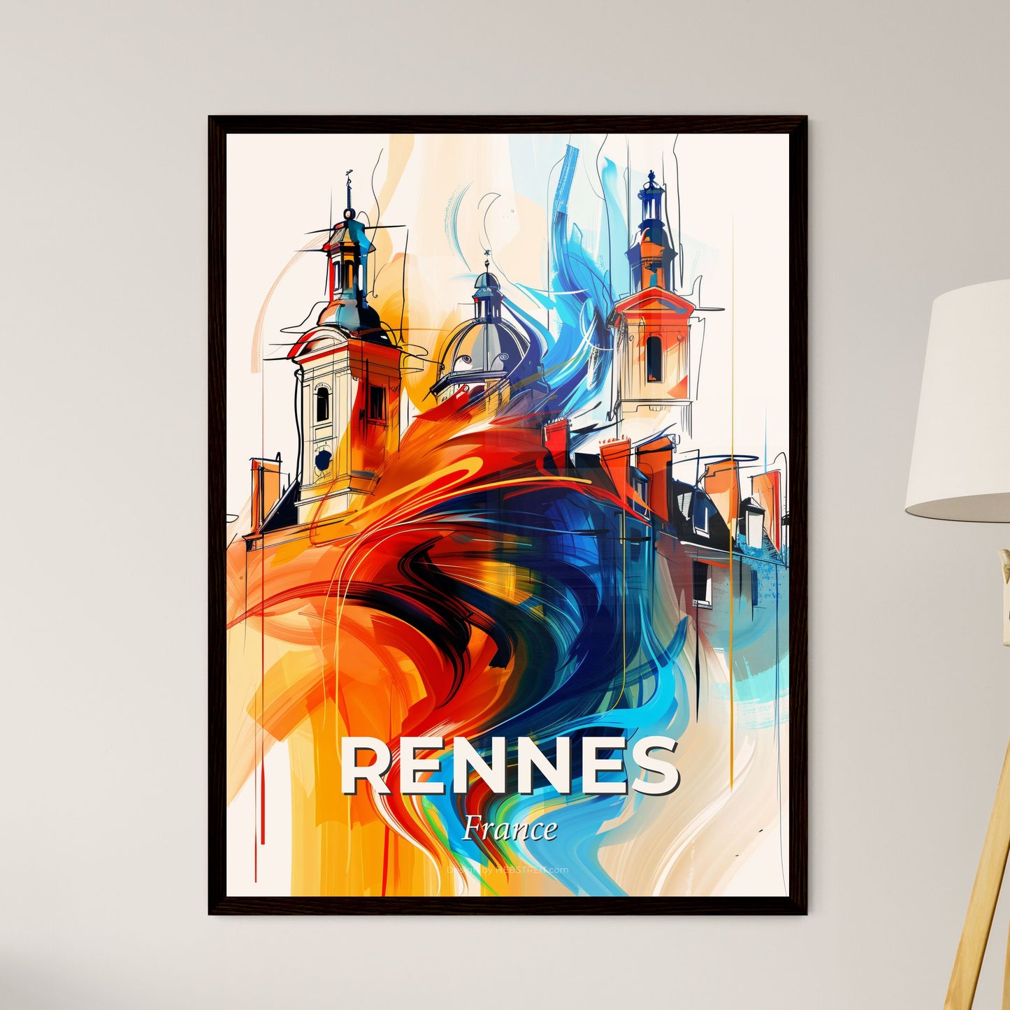 Vibrant Rennes, France - A Painting Of A Skyline With A Colorful Building