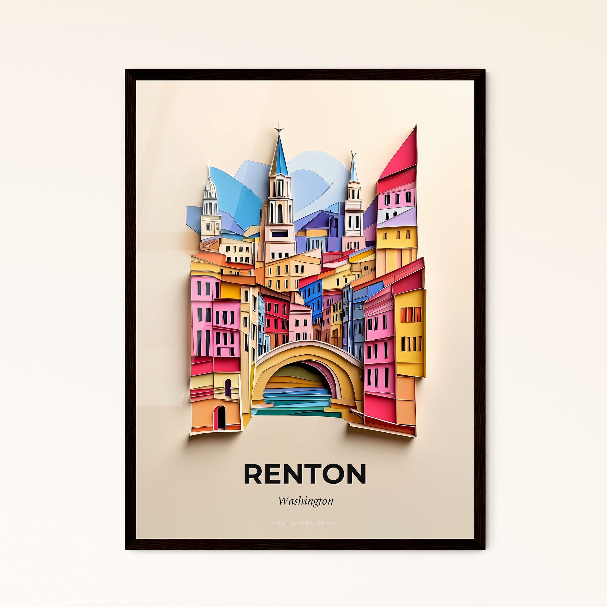 Vivid Renton, Washington - a paper cut of a city with a bridge