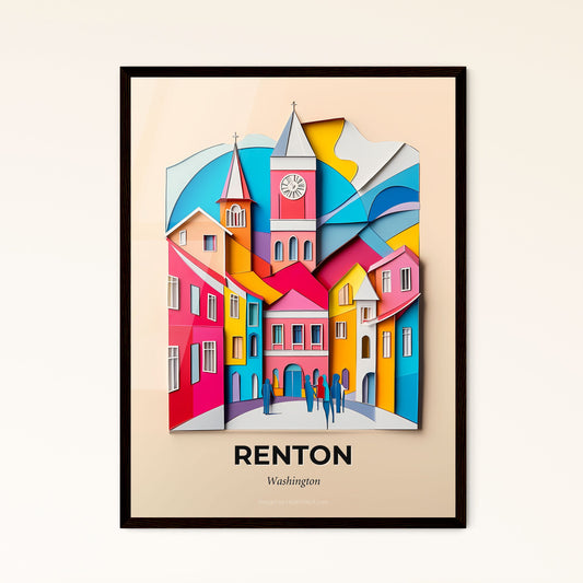 Vivid Renton, Washington - a paper cut of a town with a clock tower