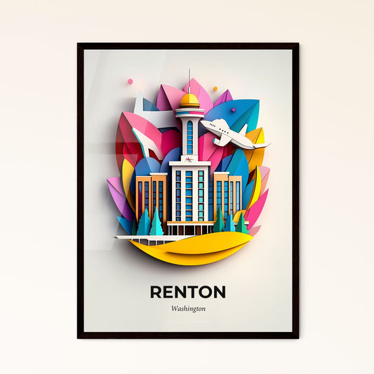 Vivid Renton, Washington - a paper cut of a building with a plane flying over it