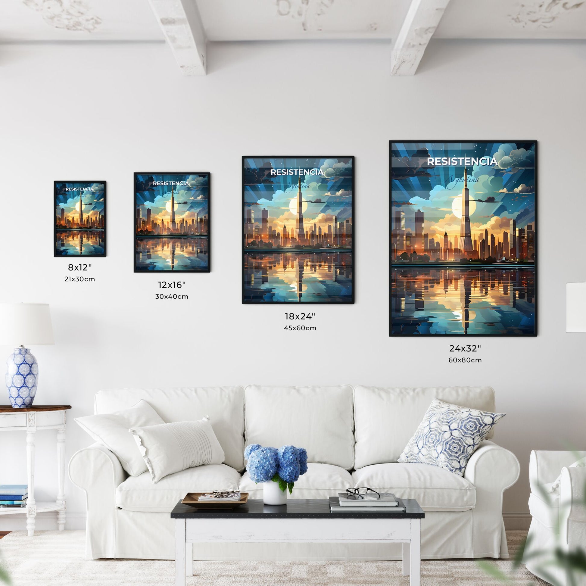 Vibrant Cityscape Painting: Resistencia Argentina Skyline with Tower and River Default Title