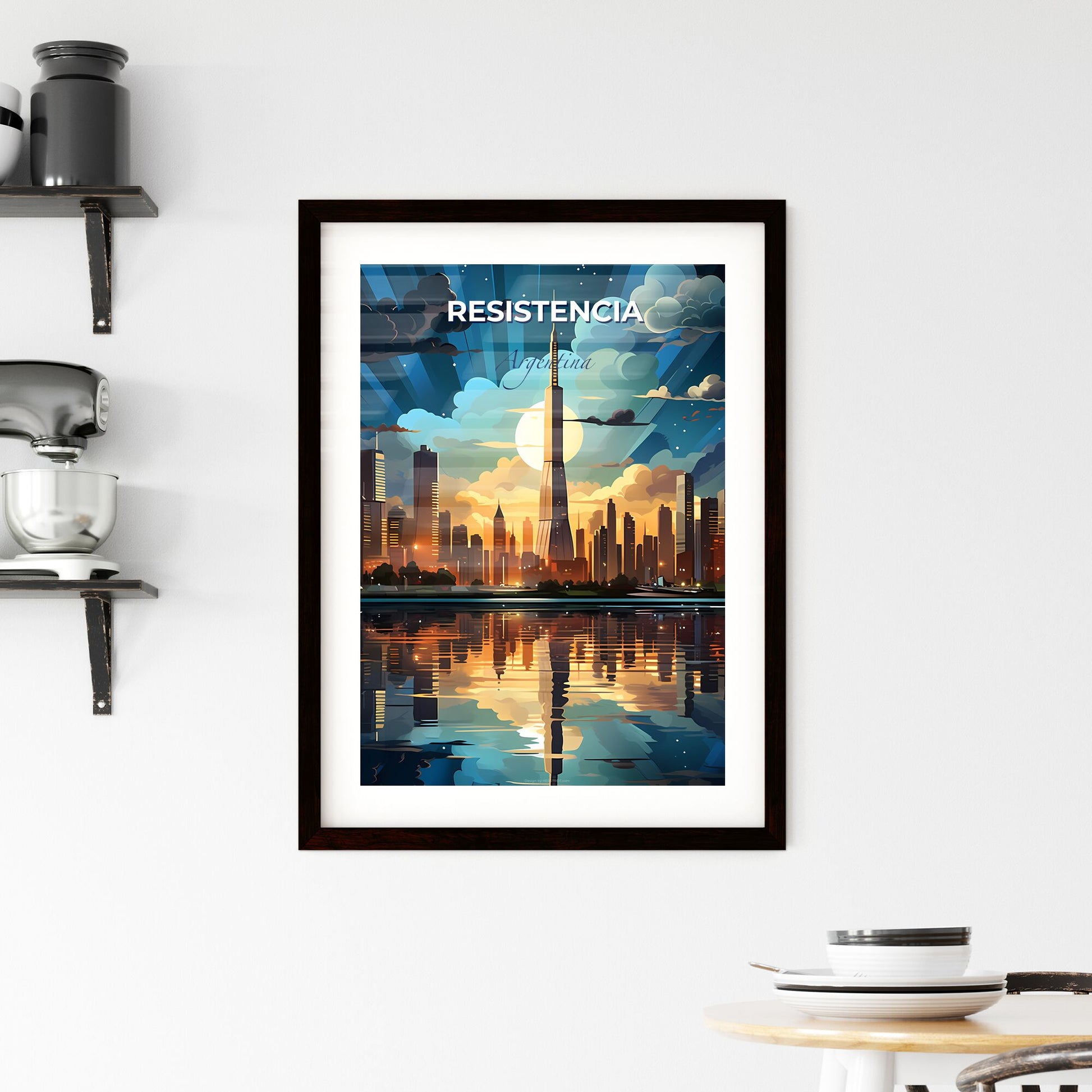 Vibrant Cityscape Painting: Resistencia Argentina Skyline with Tower and River Default Title