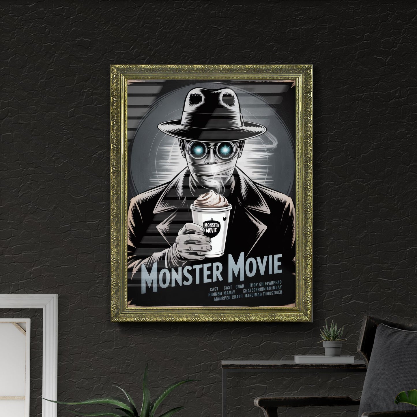 Retro Monster Movie Poster Featuring a Mysterious Character with Sunglasses and Coffee