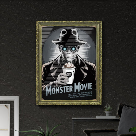 Retro Monster Movie Poster Featuring a Mysterious Character with Sunglasses and Coffee